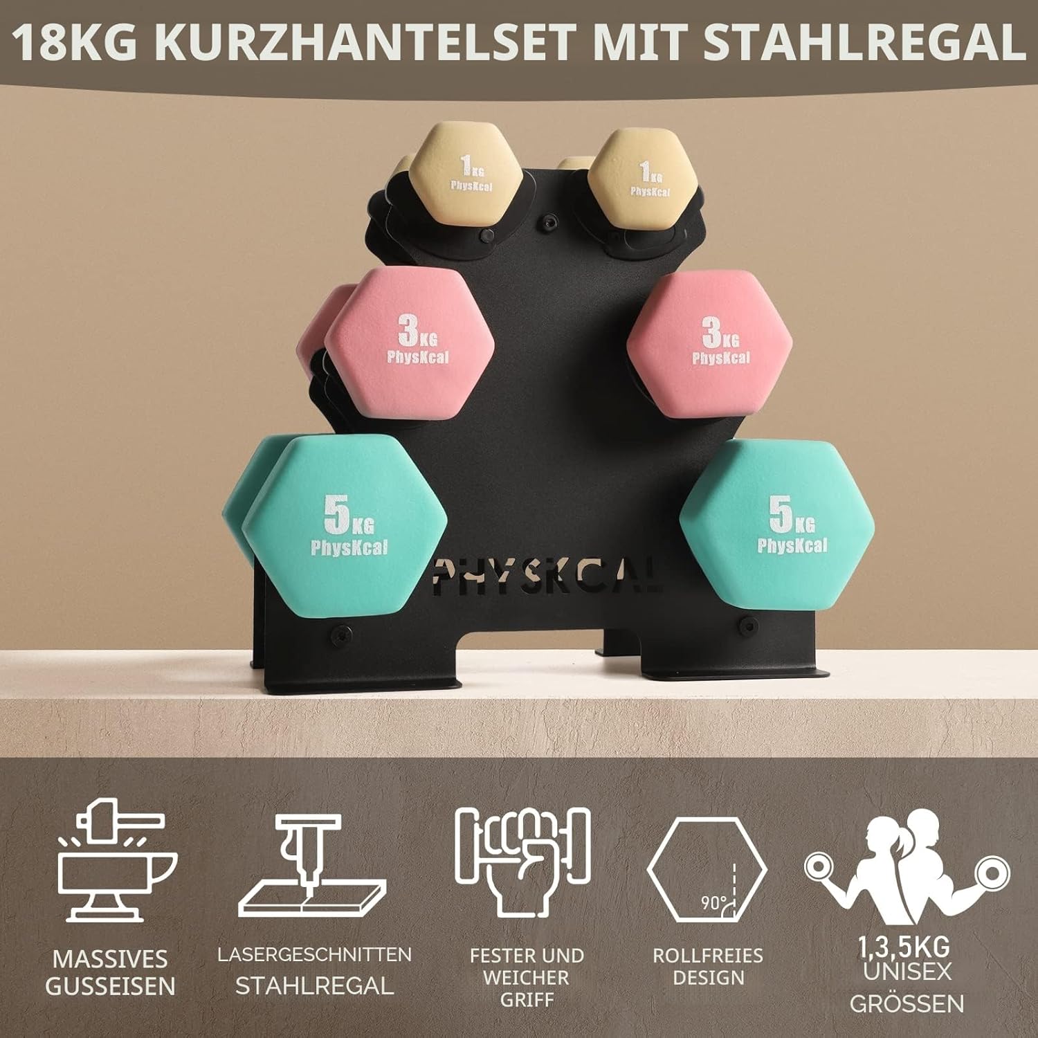 PhysKcal Hantel-Set, Hantel-Set und Aufbewahrungsständer für Heimtraining, Fitnessstudio – Bild 2