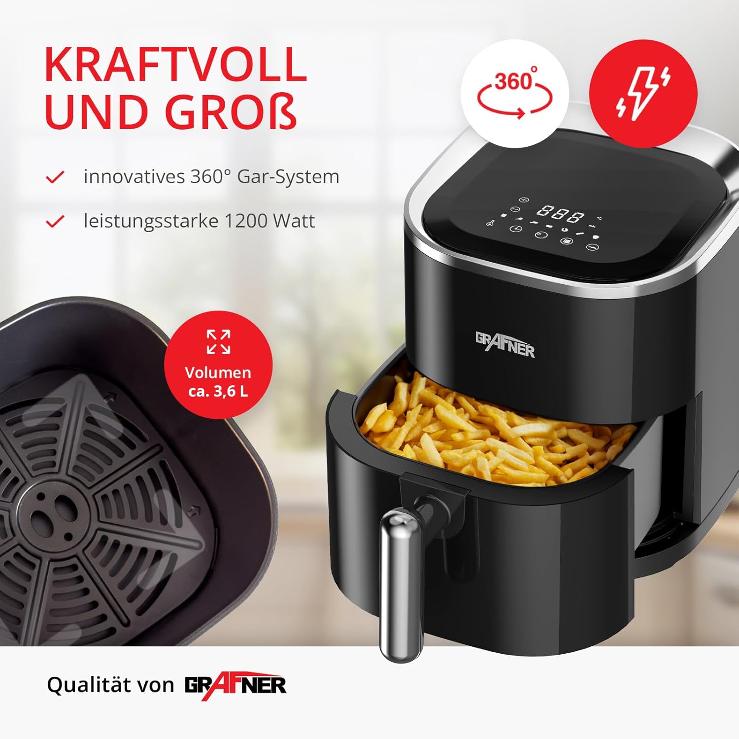 Digitale Heißluftfritteuse Grafner XL, 3,6 Liter, 1200 Watt, LED-Touchscreen, 7 Programme, 360°-Kochsystem, Timer, Antihaftbeschichtung, Fritteuse ohne Fett, Airfryer ölfreie Heißluftfritteuse – Bild 4