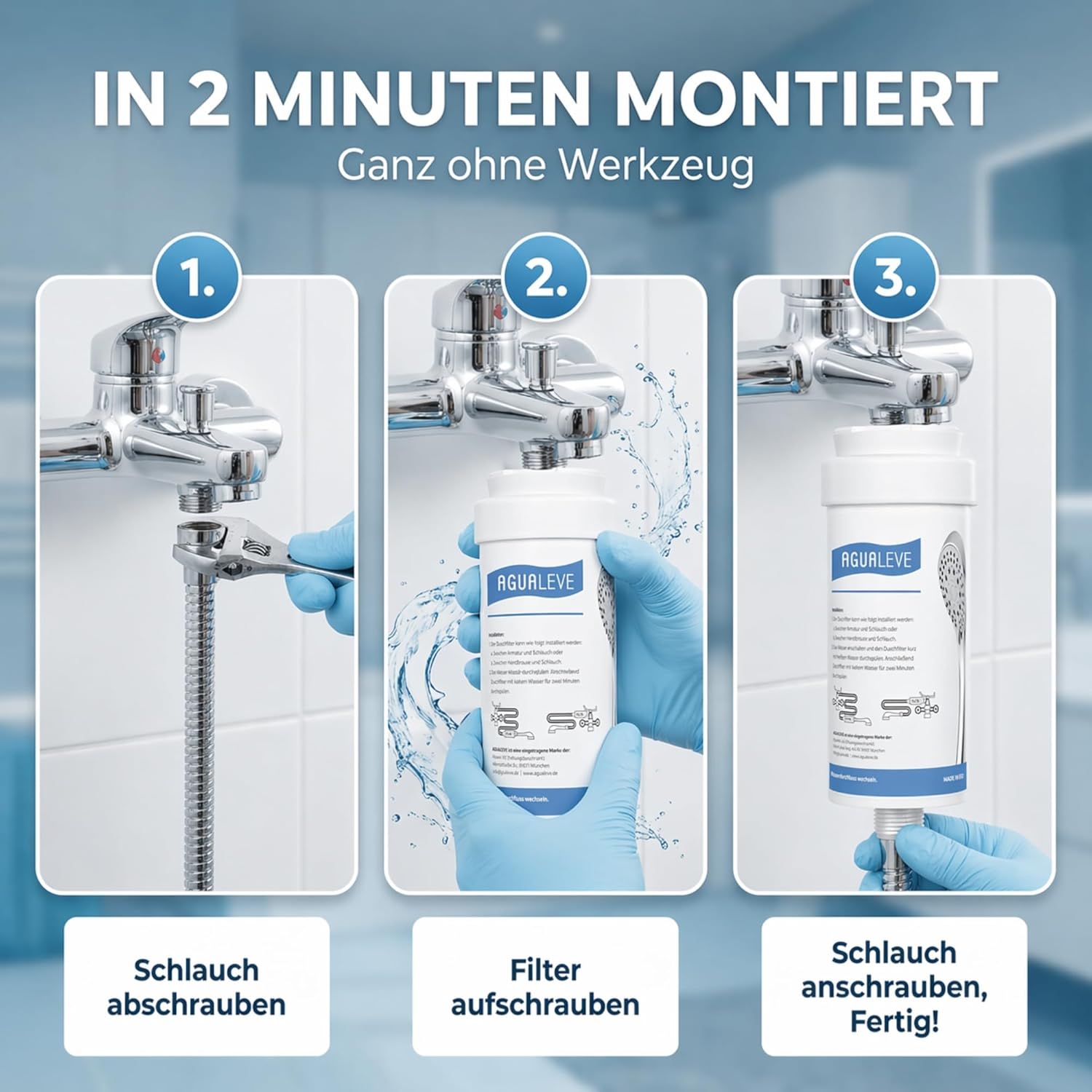 AGUALEVE Duschfilter, Wasserfilter, Dusche, in weiß, gegen Kalk, Schwermetalle, Chlor, Schmutz, wirkt bakteriostatisch, schönere Haut und Haare, Markenqualität, hergestellt in der EU – Bild 3