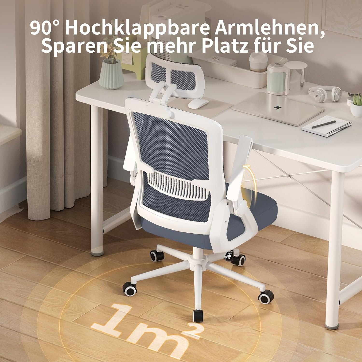 naspaluro Ergonomischer Bürostuhl mit verstellbaren Armlehnen, Schreibtischstuhl mit Kopfstütze, atmungsaktiver Netzbezug, Lordosenstütze, Höhenverstellung, Computerstuhl, 360°-Drehstuhl, hellgrau – Bild 6