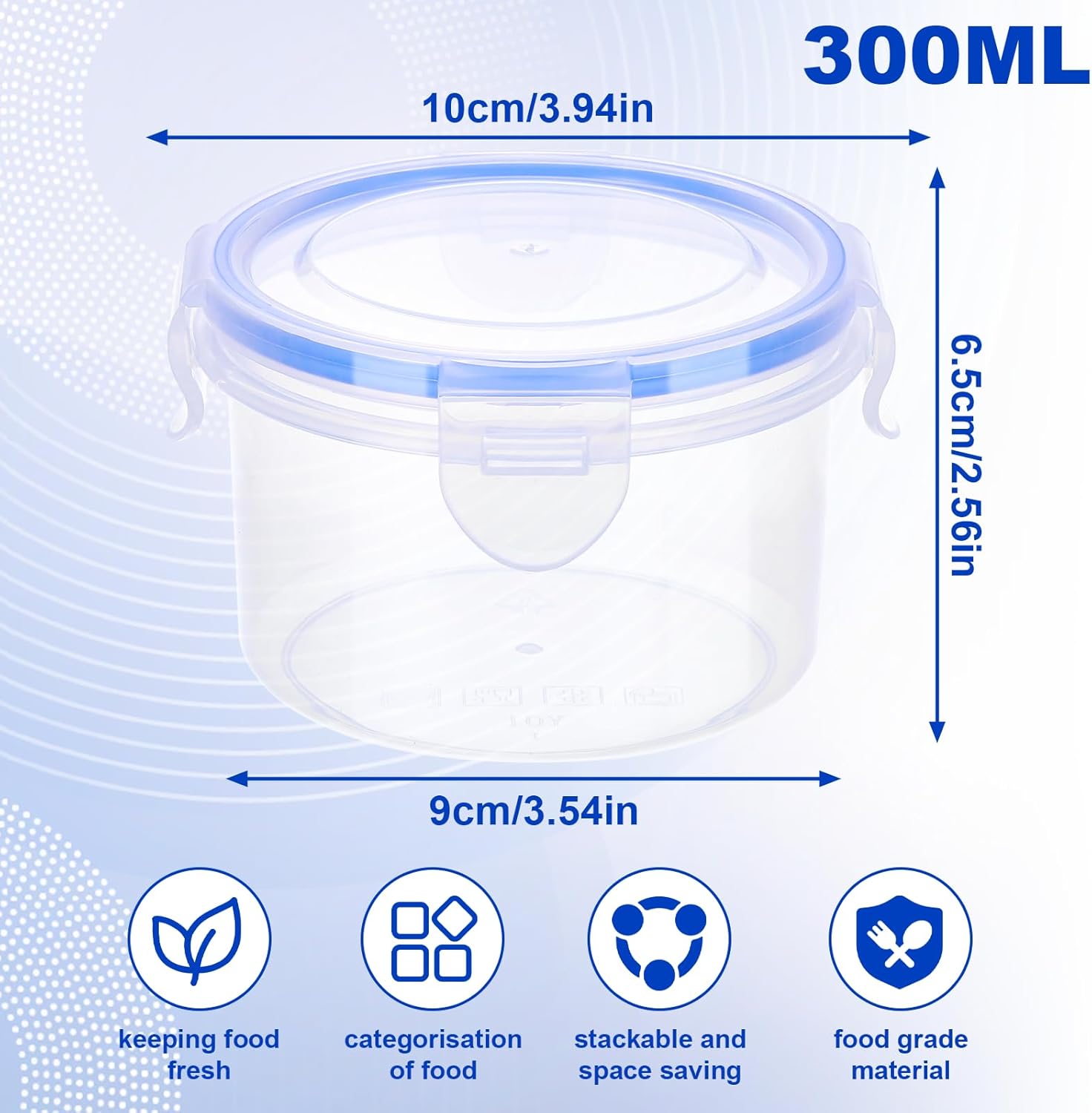 Kssvzz 6 Stück 300 ml Frischhaltedosen mit Deckel, rund, luftdicht, Kunststoffschüssel, auslaufsicher, Meal-Prep-Boxen, stapelbar und langlebig, Gefrierbehälter, klein, BPA-frei – Bild 2