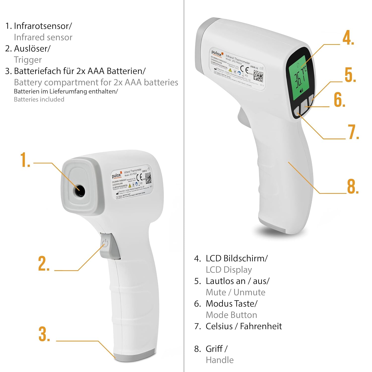 Pulox JPD-FR202 Infrarot-Fieberthermometer – Kontaktloses Stirn- und Oberflächenthermometer für Babys und Erwachsene – LCD-Display, Fieberalarm und Speicherabruf – Bild 3