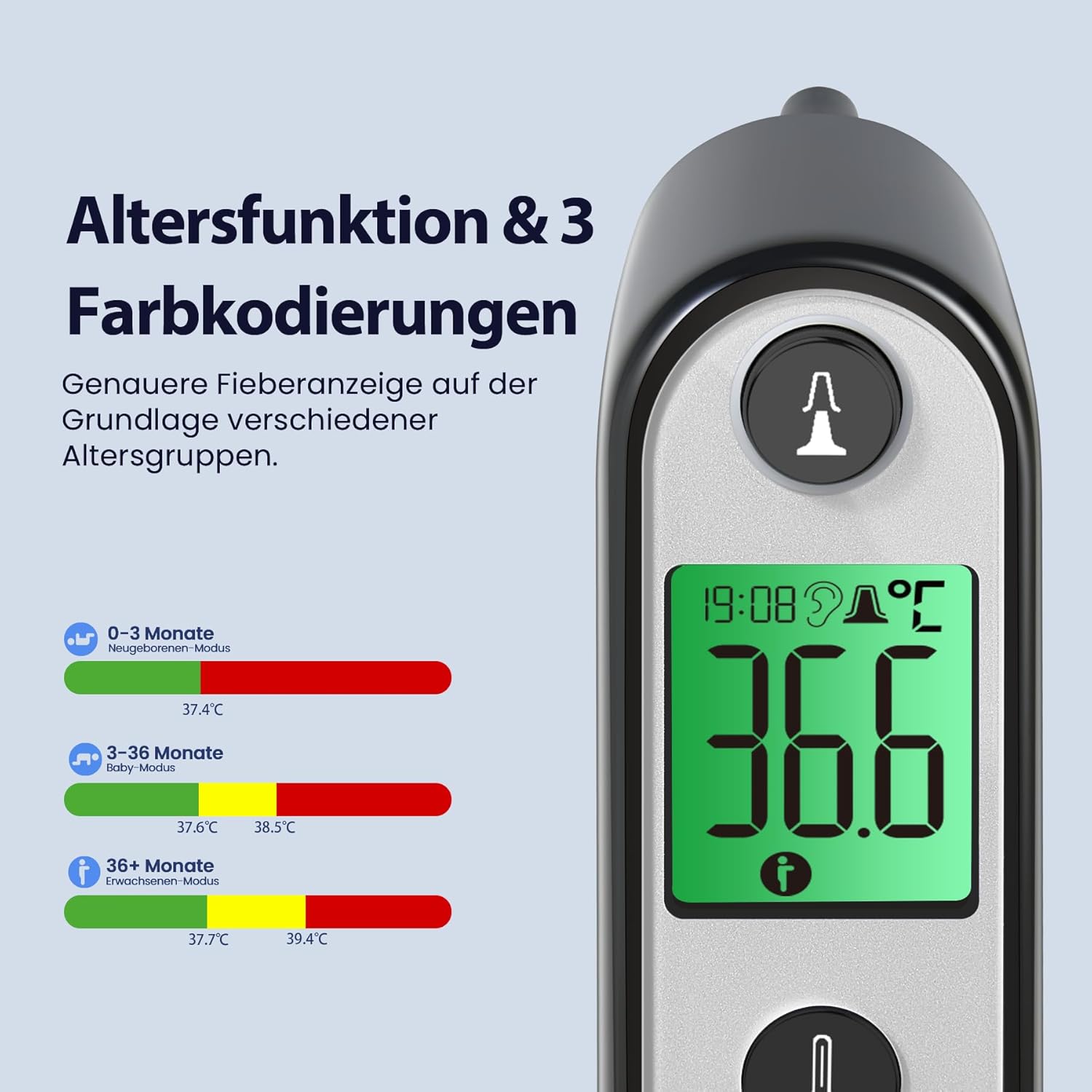 Ohrthermometer für Babys Erwachsene, Ohrenfieberthermometer mit Altersmessung und farbcodierter Temperaturanzeige, digitales Infrarot-Thermometer mit 21 x Einweg-Schutzkappen (schwarz) – Bild 4