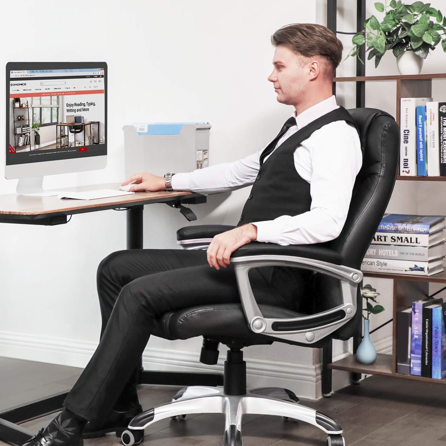 SONGMICS Ergonomischer Bürostuhl, höhenverstellbarer Drehstuhl, robust, stabil und langlebig, Schwarz, OBG21B, 52 x 53 x 122 cm – Bild 2