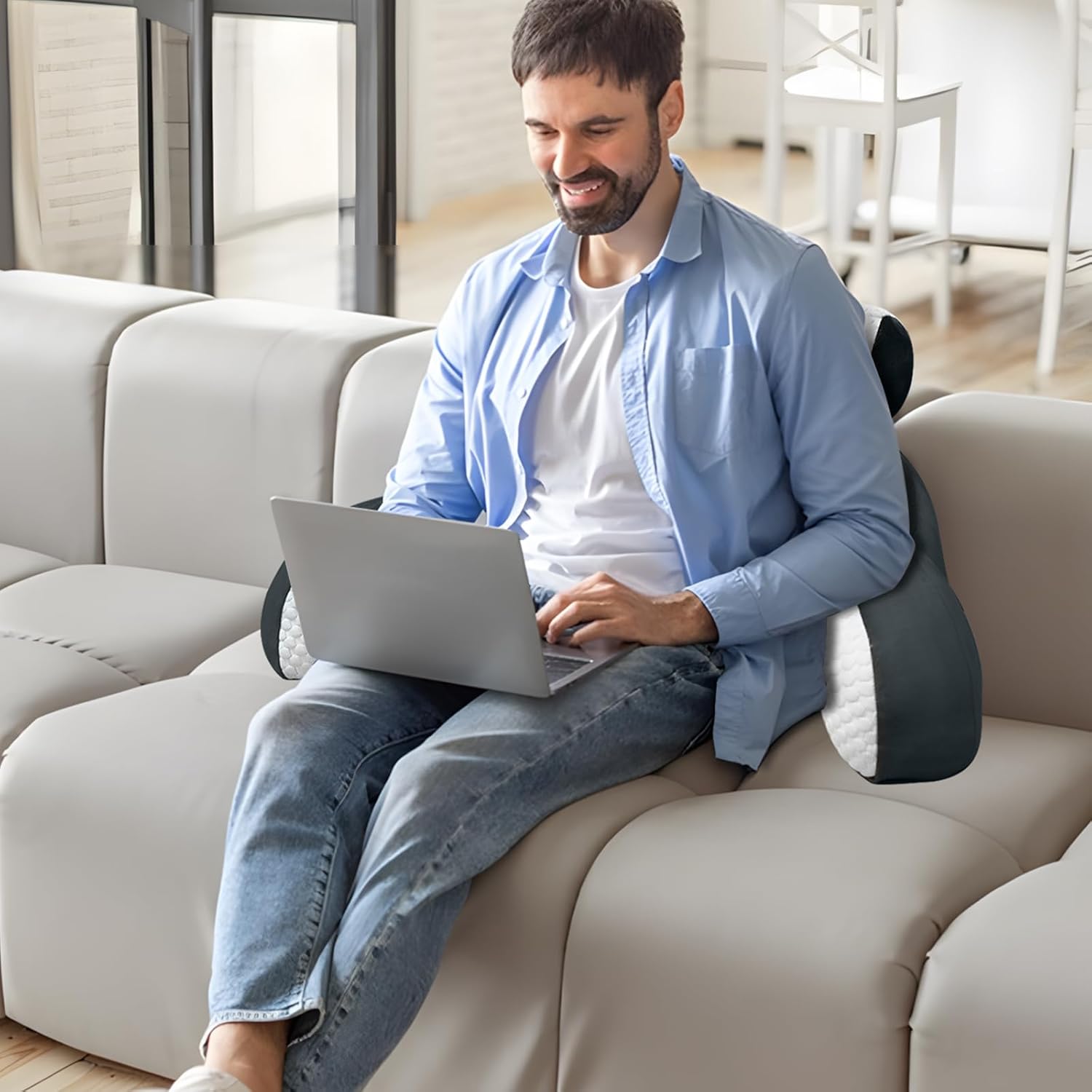 Suewidfay Lesekissen für Bett und Sofa, 70 x 50 cm, großes Rückenkissen für Erwachsene, Komfortkissen, Lesekissen mit abnehmbarer Nackenrolle und Armlehnen, Lesesitzkissen zum Lesen, Fernsehen, Faulenzen – Bild 6