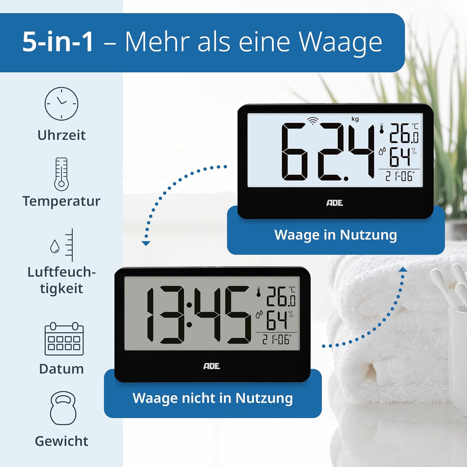 ADE Ronja Digitale Personenwaage mit kabelloser Anzeige bis 180 kg | Lesen Sie auf Augenhöhe, ohne sich zu bücken | Ideale Körperwaage für Senioren | mit Badeuhr, Hygrometer, Innenthermometer | Schwarz – Bild 4