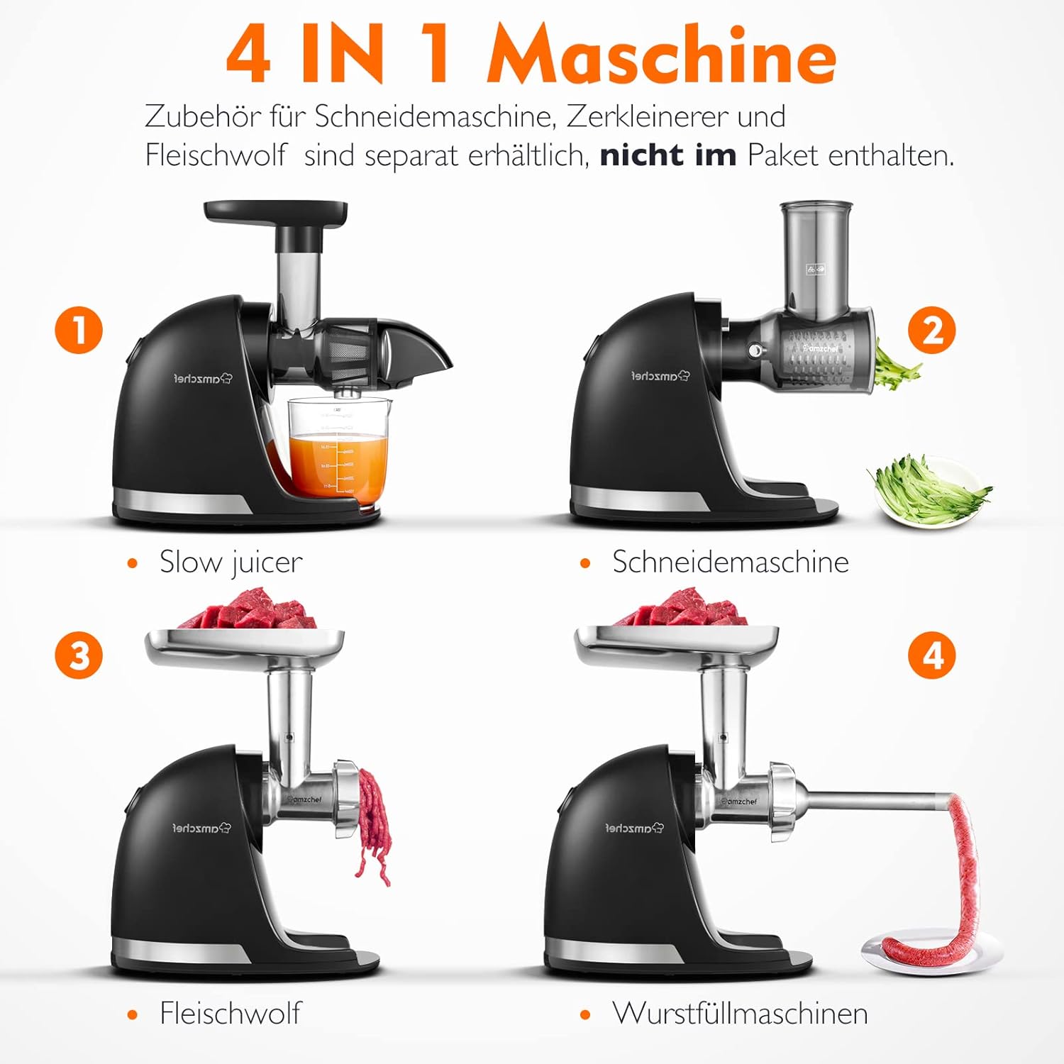 AMZCHEF Entsafter Gemüse und Obst Testsieger – Entsafter Slow Juicer mit umgekehrter Kaufunktion – schonendes Zerkleinern ohne Filter – elektrischer Entsafter mit Bürste und 2 Tassen – mattschwarz – Bild 6