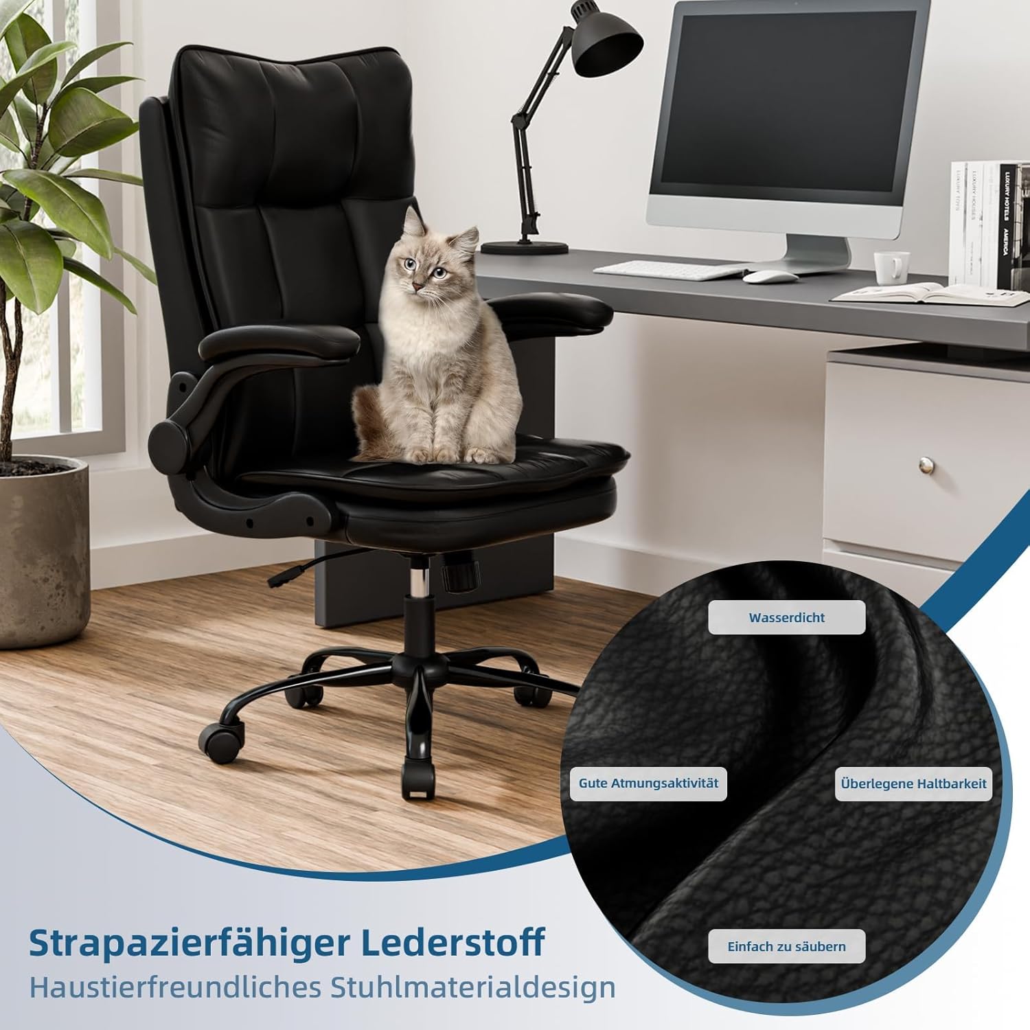 Ergonomischer Bürostuhl, Chefsessel mit kratzfester Technologie aus Leder, klappbare Armlehne, Dreh- und Wippfunktion, höhenverstellbar, doppelt verdickte Rückenlehne, Schwarz – Bild 4