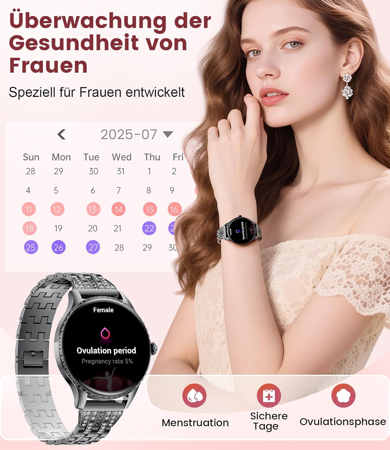 Damen-Smartwatch – luxuriöses Metallarmband mit Strasssteinen/1,32 Zoll HD AMOLED-Display/270+ Zifferblätter, Fitnessuhr mit über 110 Sportmodi, Schlaf-Tracking, Telefonfunktion, Uhr für iOS Android – Bild 7
