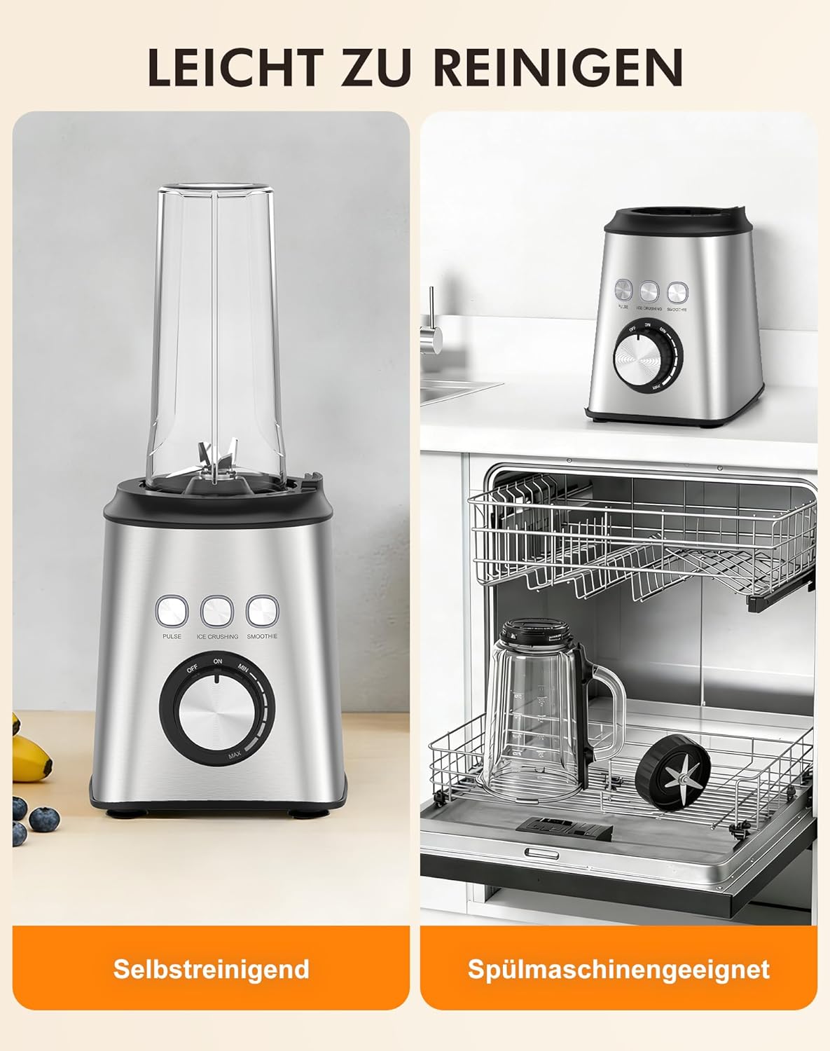 Mixer, Smoothie Maker & Standmixer, Schnellmixer, Smoothie Maker, 1,5 L Glasbehälter & 600 ml, 1.000 W, 24.000 U/min, 3 Programme, stufenlose Geschwindigkeit, Edelstahl, für Smoothies, Mixen – Bild 7