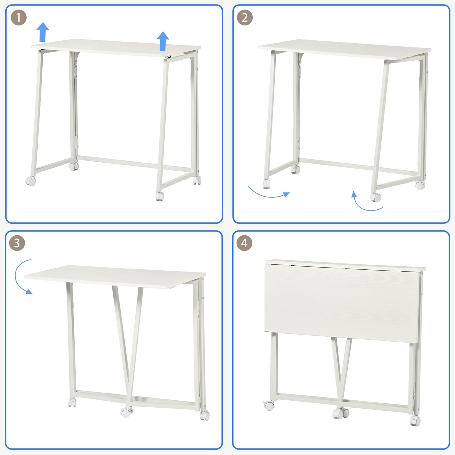 MEUBLE Gemütlicher Klapptisch mit Rollen, kleiner klappbarer Schreibtisch, Laptoptisch aus Holz und Metall, Computertisch für Büro, Wohnzimmer, Heimbüro, skandinavischer Stil, Weiß – Bild 6