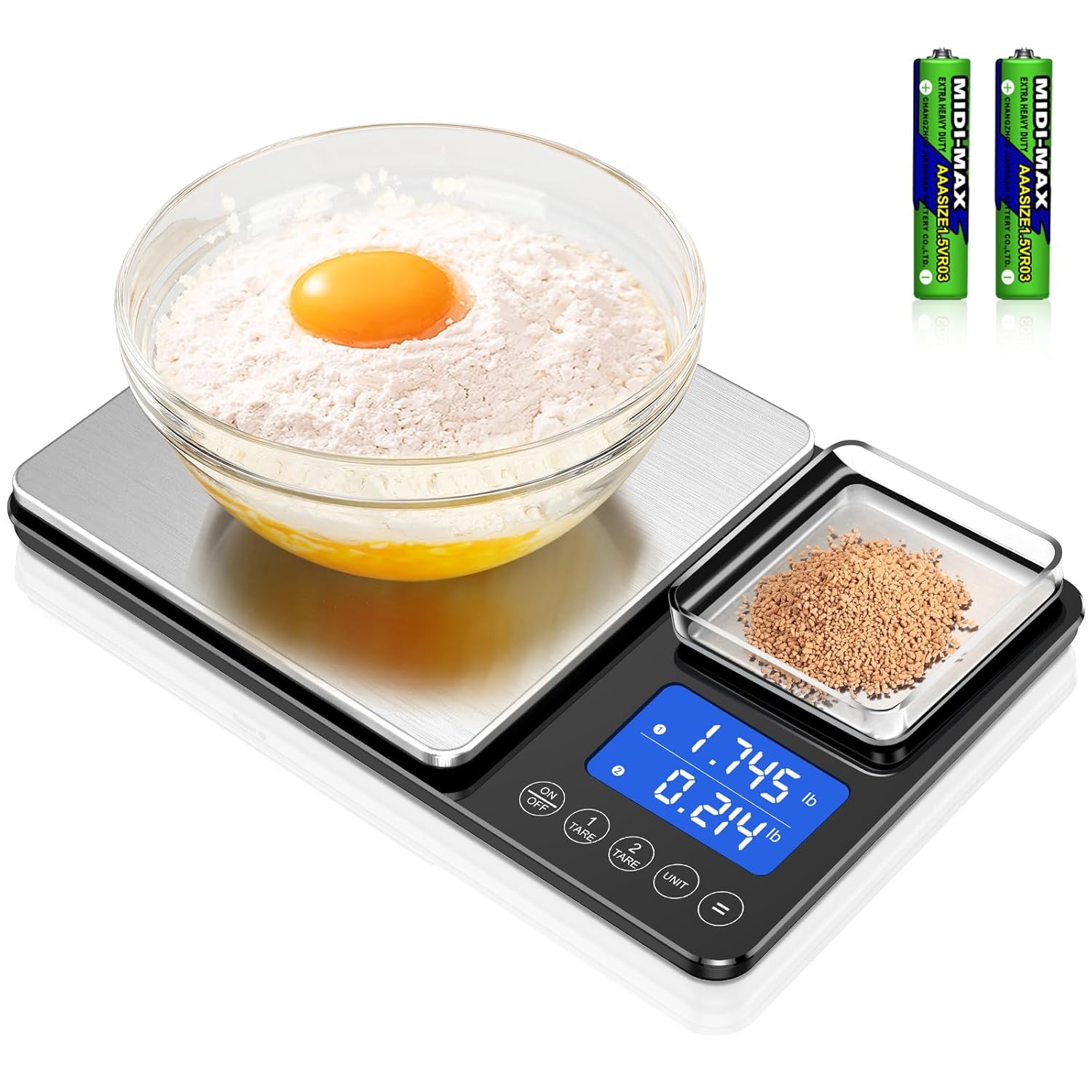 Digitale Küchenwaage mit LCD-Display und Tara-Funktion, präzise 1-g-Messung zum Backen und Kochen, poliertes Silber