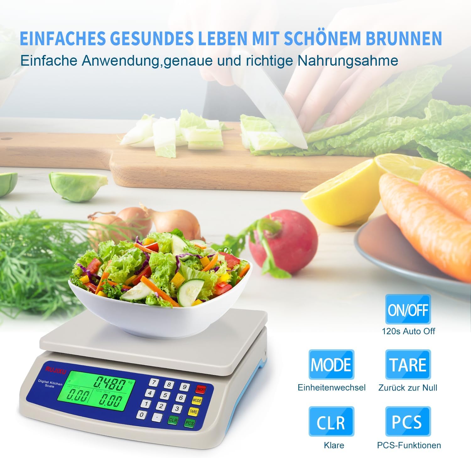 Digitale Waage bis 30 kg, große Küchenwaage, Obstwaage mit LCD-Display und Tara-Funktion, digitale Waage mit PCS-Zählwaage, 3-Einheiten-Umrechnung – Bild 6