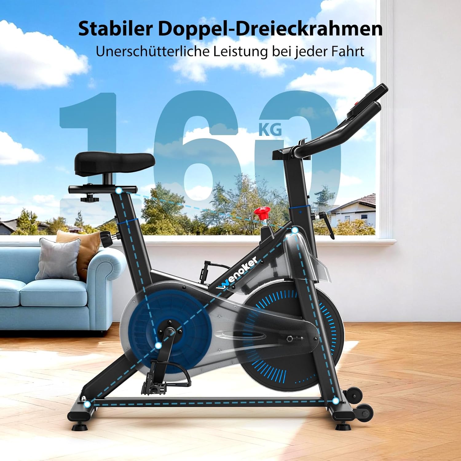 Wenoker Heimtrainer Fahrrad mit verstellbarem Magnetwiderstand, Ergometer Hometrainer Fahrrad mit APP, LCD-Monitor, Tablet-Halterung, Höhenverstellbar, Leises Fitnessbike Bis 160kg – Bild 8
