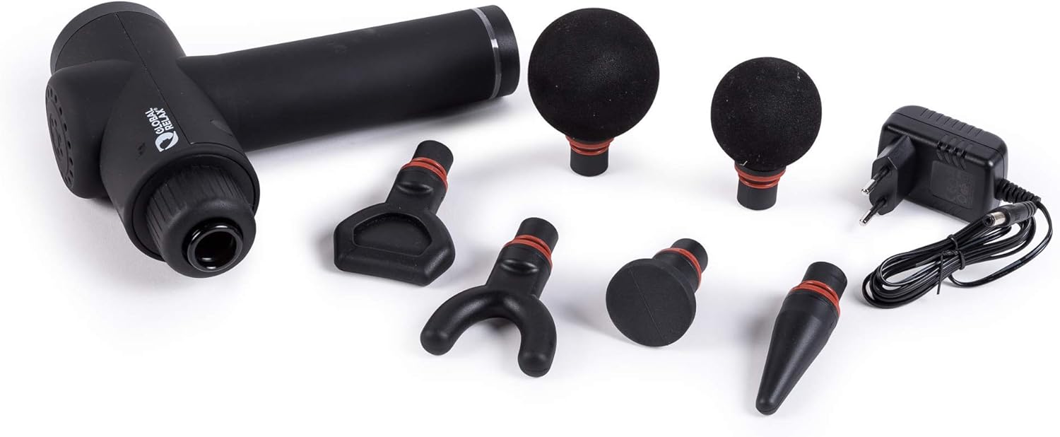 GLOBAL RELAX Taiko PRO Tiefengewebe-Massagepistole, Bänder, Muskelperkussion, 6 Köpfe, tragbar, wiederaufladbar, 6 Stunden Autonomie, Ergonomie, Erholung nach dem Training
