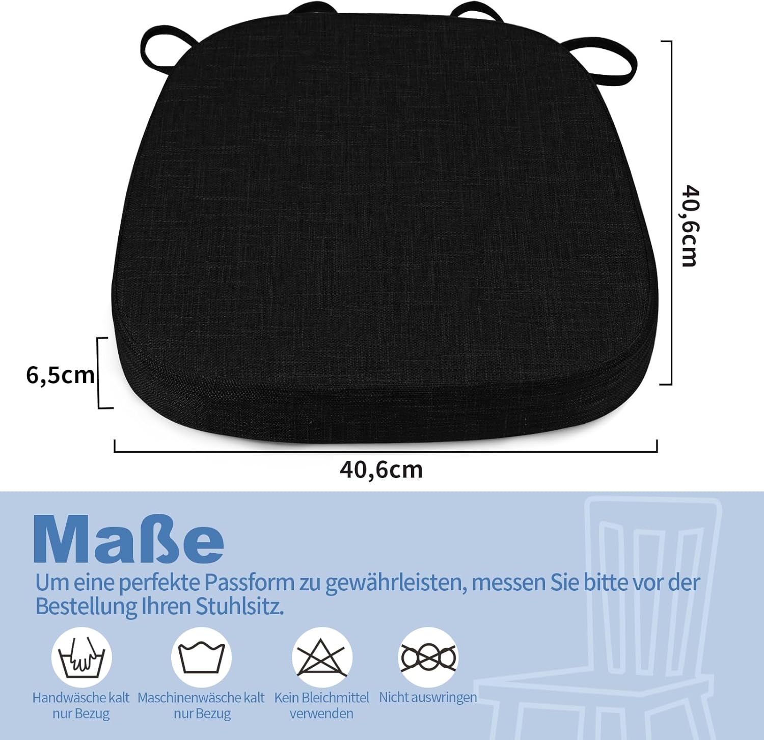 BUYUE Stuhlkissen 6,5 cm dick, U-förmiges Sitzkissen 40 x 40 cm mit hochdichtem Schaumstoff, Stoffbezug, rutschfeste Sitzunterlage für Küche und Esszimmer (1 Stück, schwarz) – Bild 2