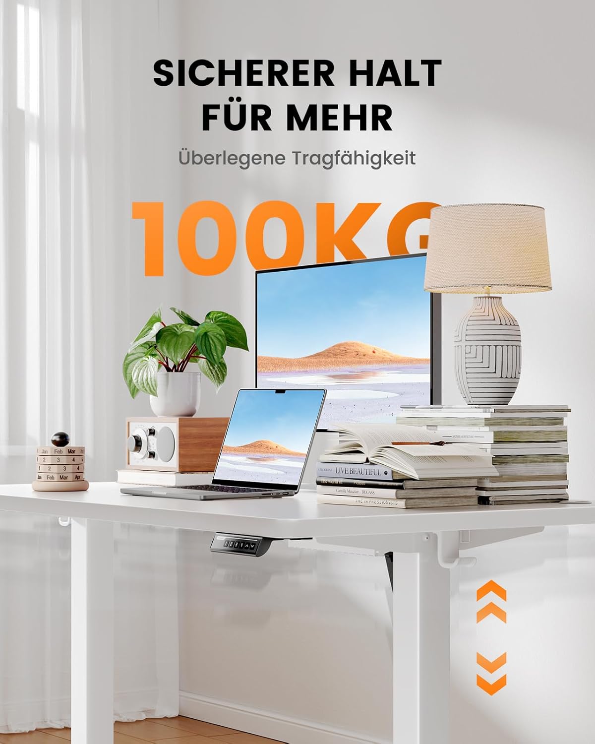 ErGear Höhenverstellbarer Schreibtisch, 140 x 80 cm, 100 kg Tragkraft, elektrischer Schreibtisch mit fortschrittlichem bürstenlosem Motor, leise Funktion, robustes Metallgestell, vierteilige Tischplatte – Bild 2