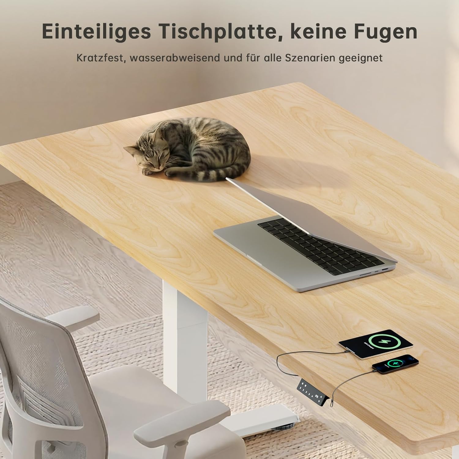 Devoko Höhenverstellbarer Schreibtisch mit 2 Motoren, 25 mm einteilige Tischplatte, 140 x 70 cm, mobiler elektrischer Computertisch mit Kabelmanagement, Eiche, perfekte Ergonomie für Ihr Büro – Bild 6