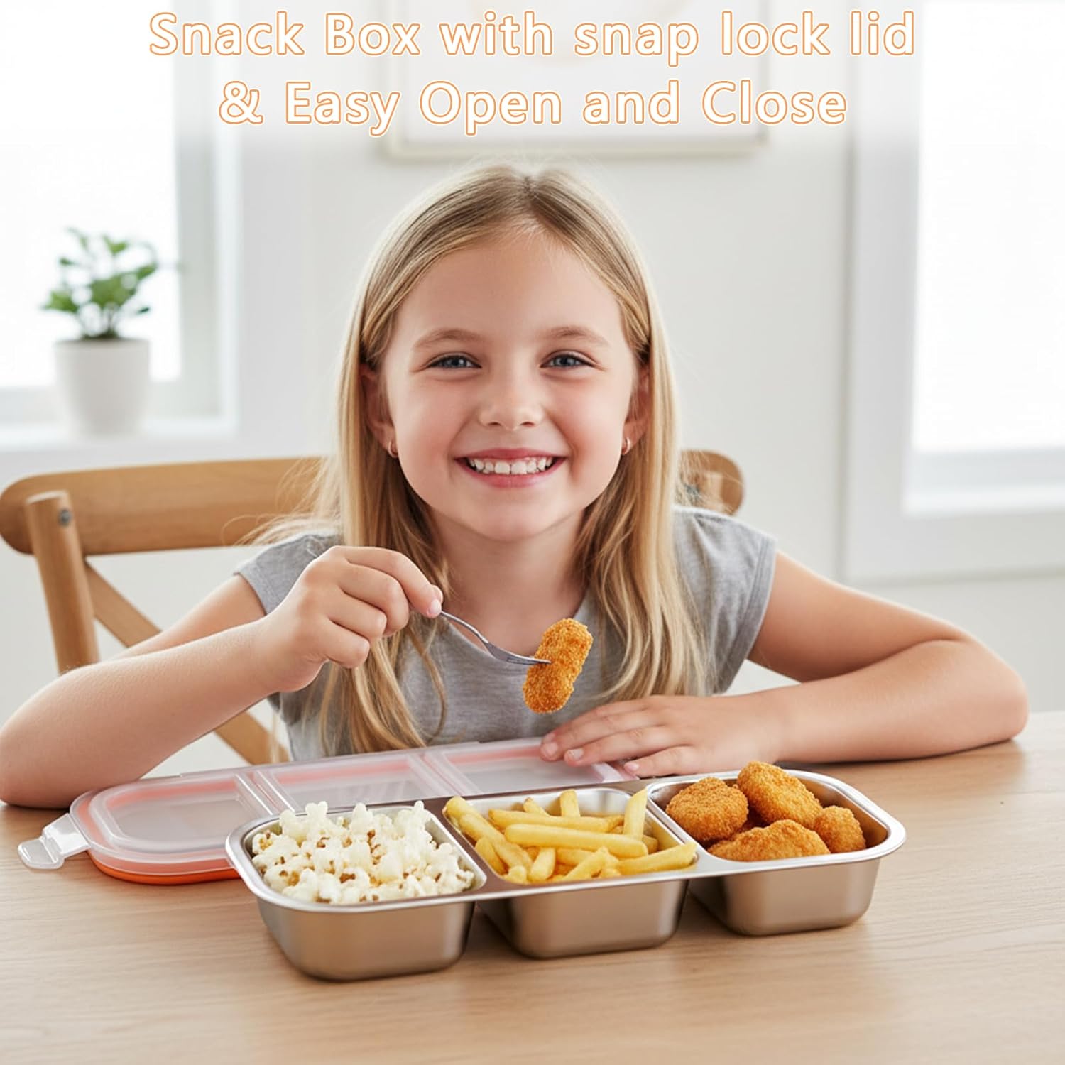 2 Stück Snackbox mit 3 Fächern, Edelstahl-Snackbehälter mit Kunststoffdeckel, Lunchbox, Kinder-Meal-Prep-Boxen, 600 ml Snackboxen für Schule, Arbeit, Camping – Bild 5