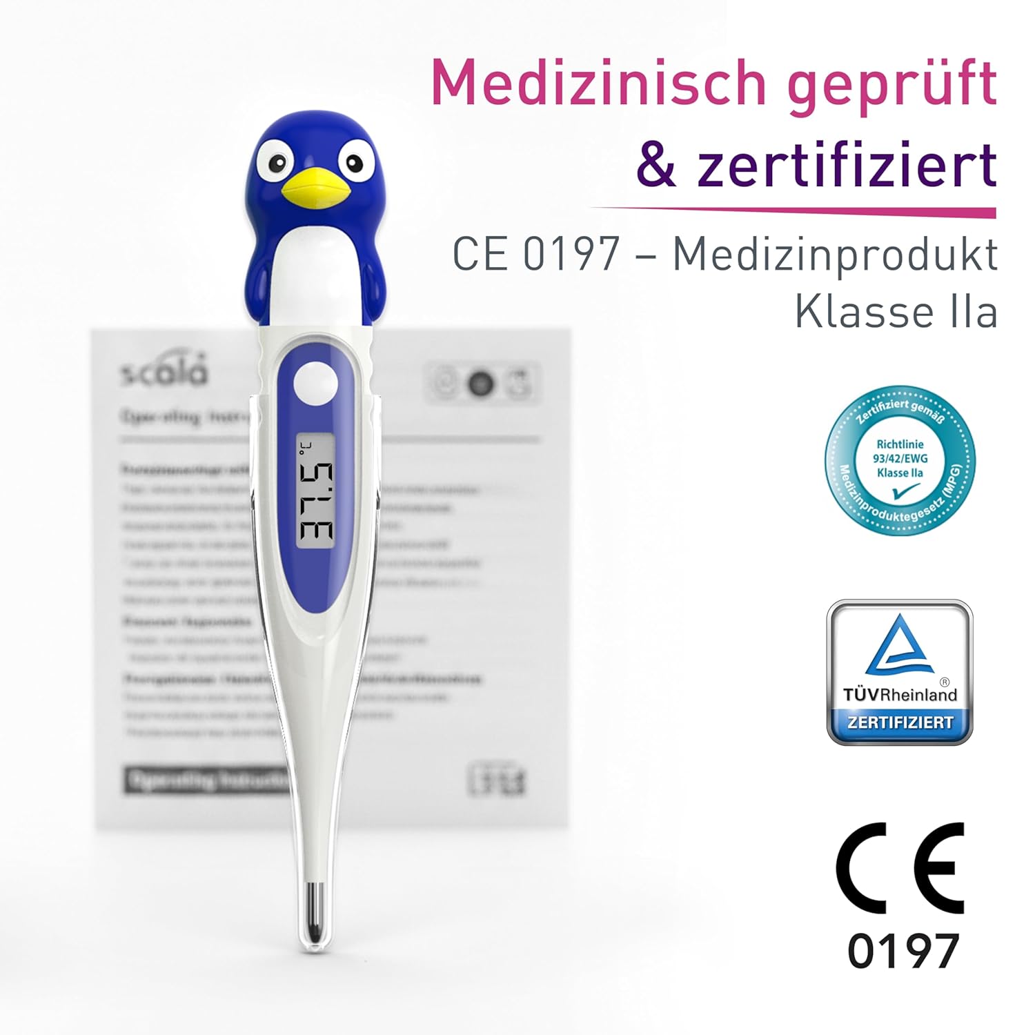 scala SC 44 flex Digitales Fieberthermometer für Babys und Kinder – 10 Sekunden Messzeit, flexible Spitze, Fieberalarm, wasserdicht – oral, rektal und axillär – Pinguin-Motiv – Bild 6