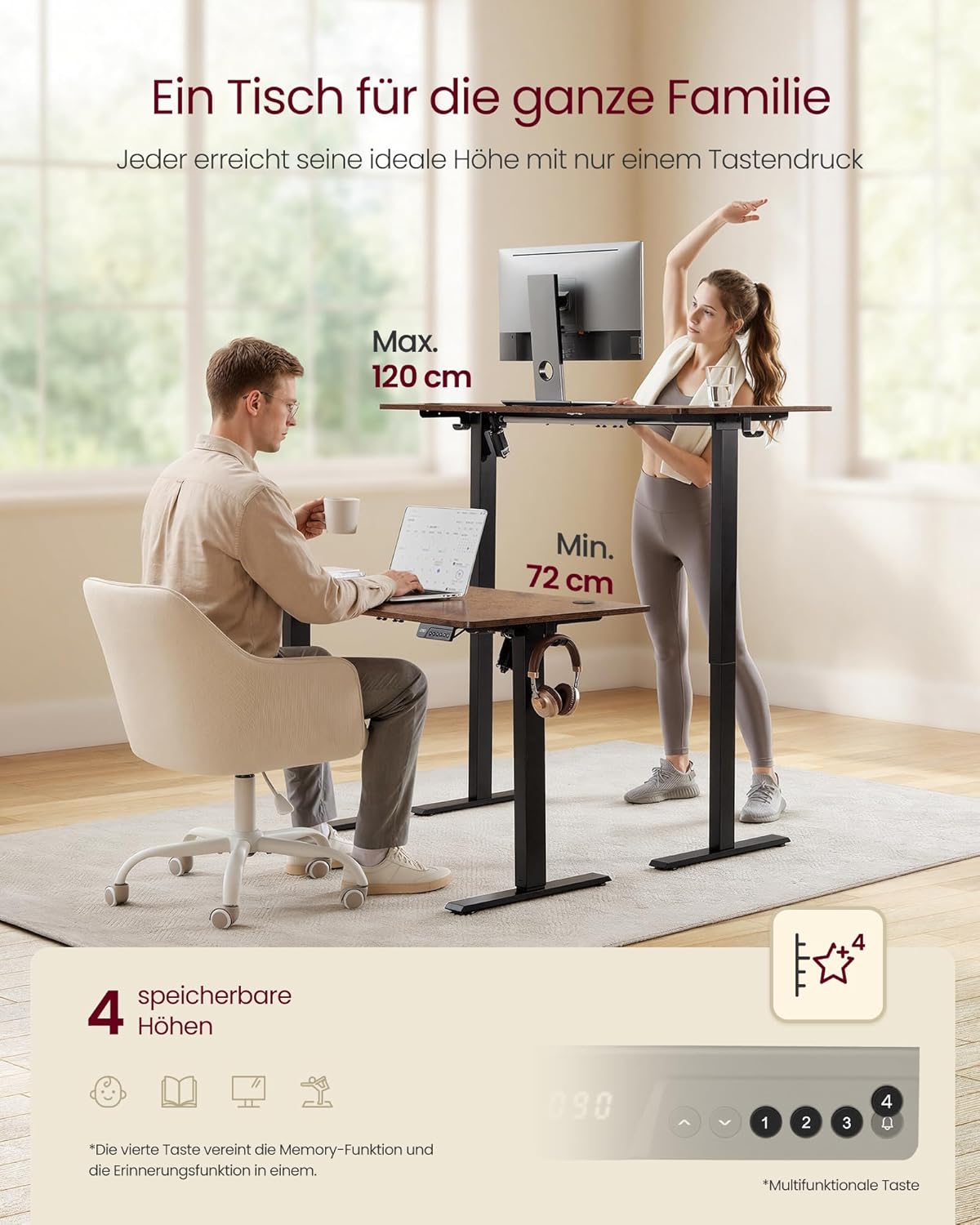 VASAGLE LSD312KD03 Höhenverstellbarer Schreibtisch, Stehpult, Computertisch, Long-Sit-Memory-Funktion, 4-Höhen-Büroschreibtisch, 120 x 60 cm, Vintage-Braun – Bild 4