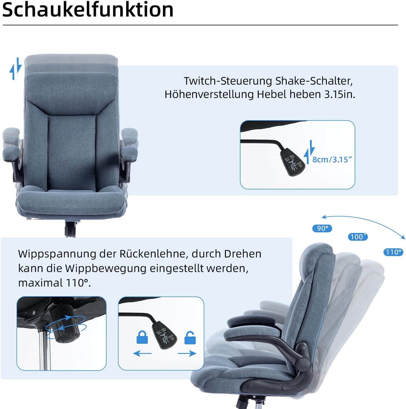 MZLEE Ergonomischer Bürostuhl, Computerstuhl, Schreibtischstuhl, drehbarer Arbeitsstuhl mit hochklappbarer Armlehne, höhenverstellbar, bequem für Büro, Zuhause, Gaming (Marineblau) – Bild 8