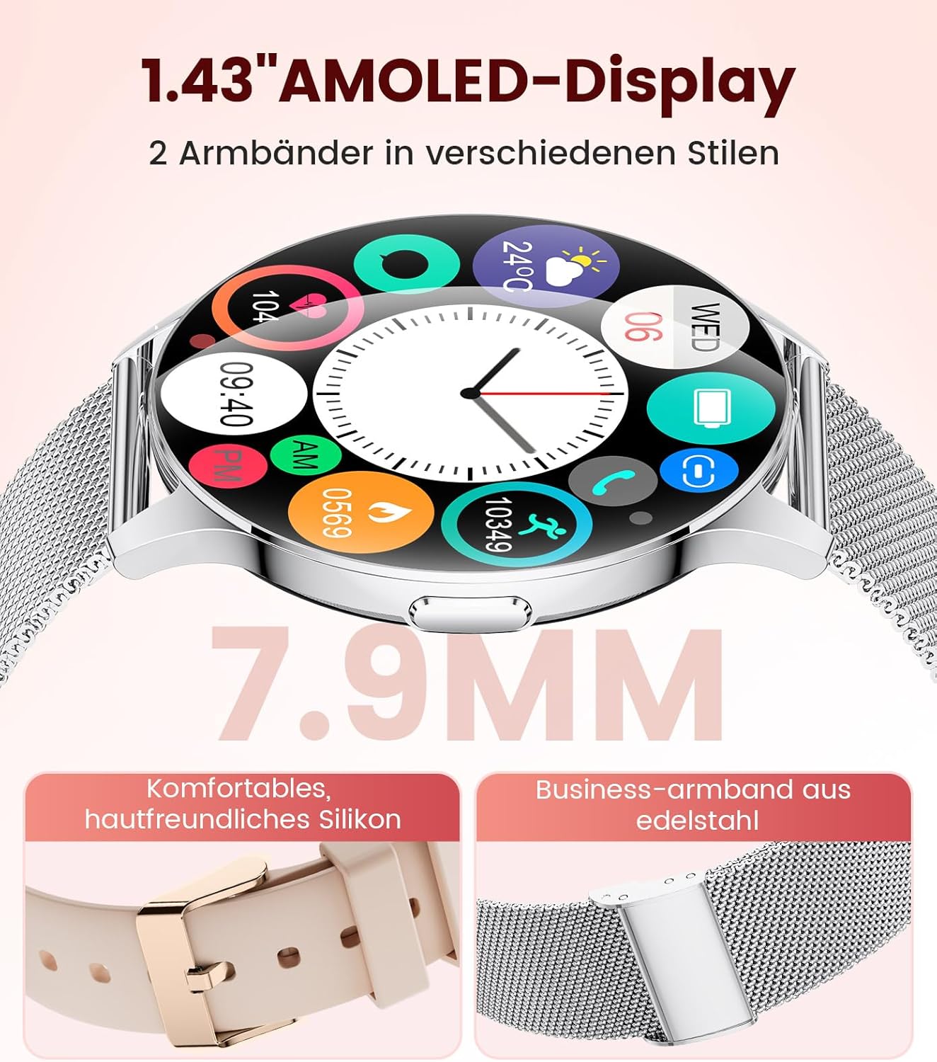 Damen-Smartwatch mit Anrufen – 7,99 mm ultradünne elegante Fitnessuhr mit 1,43 Zoll HD Always-On-Display, IP68 wasserdicht, 100+ Sportmodi, Damengesundheit für iOS Android, Silber – Bild 2