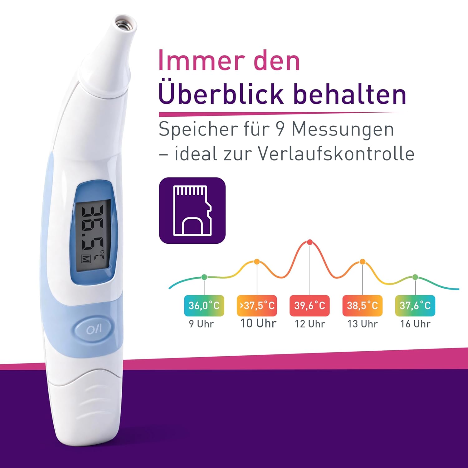 scala SC 8172 Infrarot-Ohrthermometer – Digitales Fieberthermometer für Kinder & Erwachsene – 3 Sekunden Messzeit, akustischer Fieberalarm & Speicher für 9 Messwerte – Bild 6