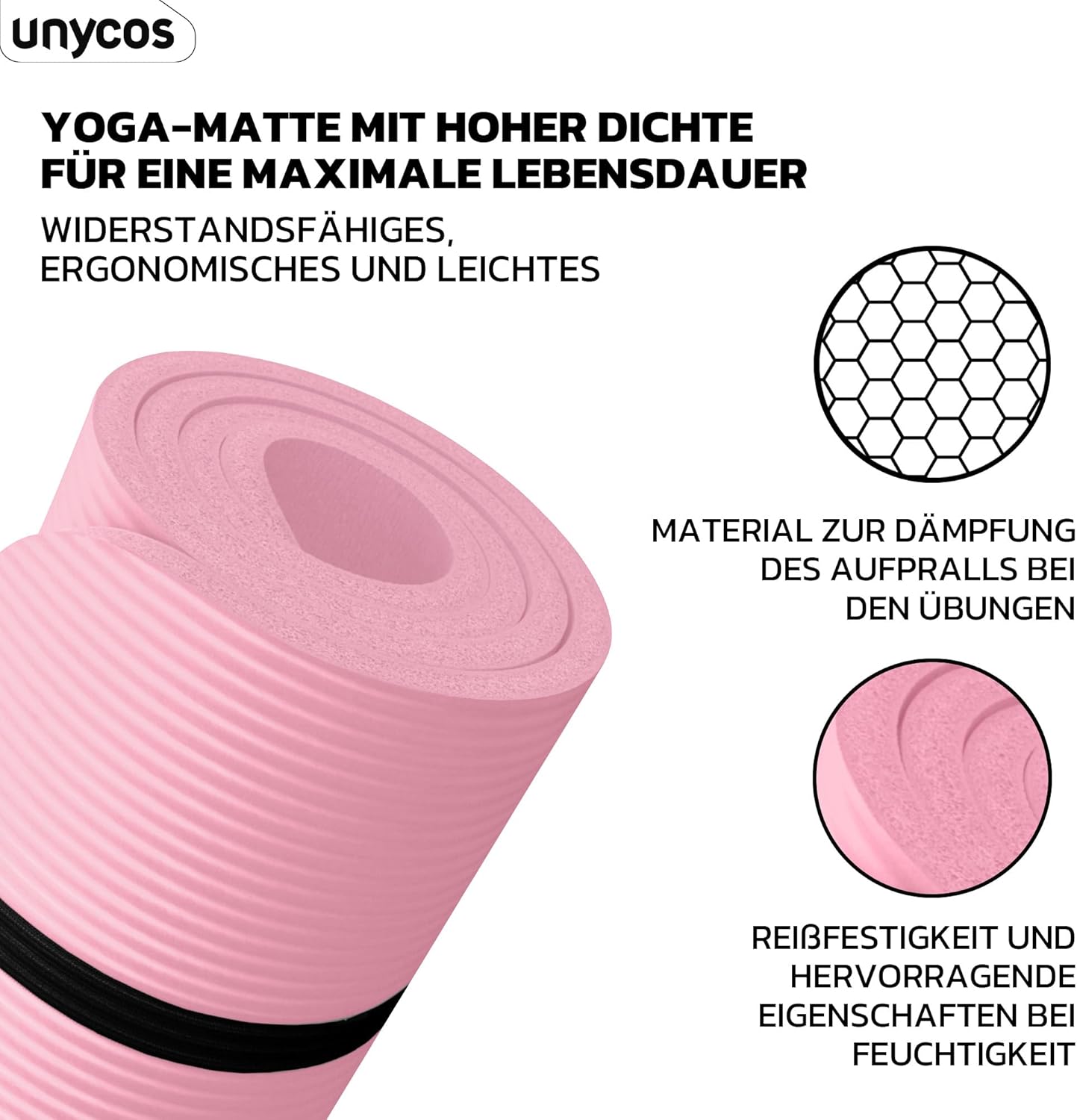 unycos - Yogamatte rutschfest | Hohe Dichte 6/10/15 mm, Gymnastikmatte mit Tragegurt und Schultergurt. 【Inklusive E-Book】 Hautfreundliche Fitnessmatte für Pilates, Trainingsmatte, Fitnessstudio – Bild 2