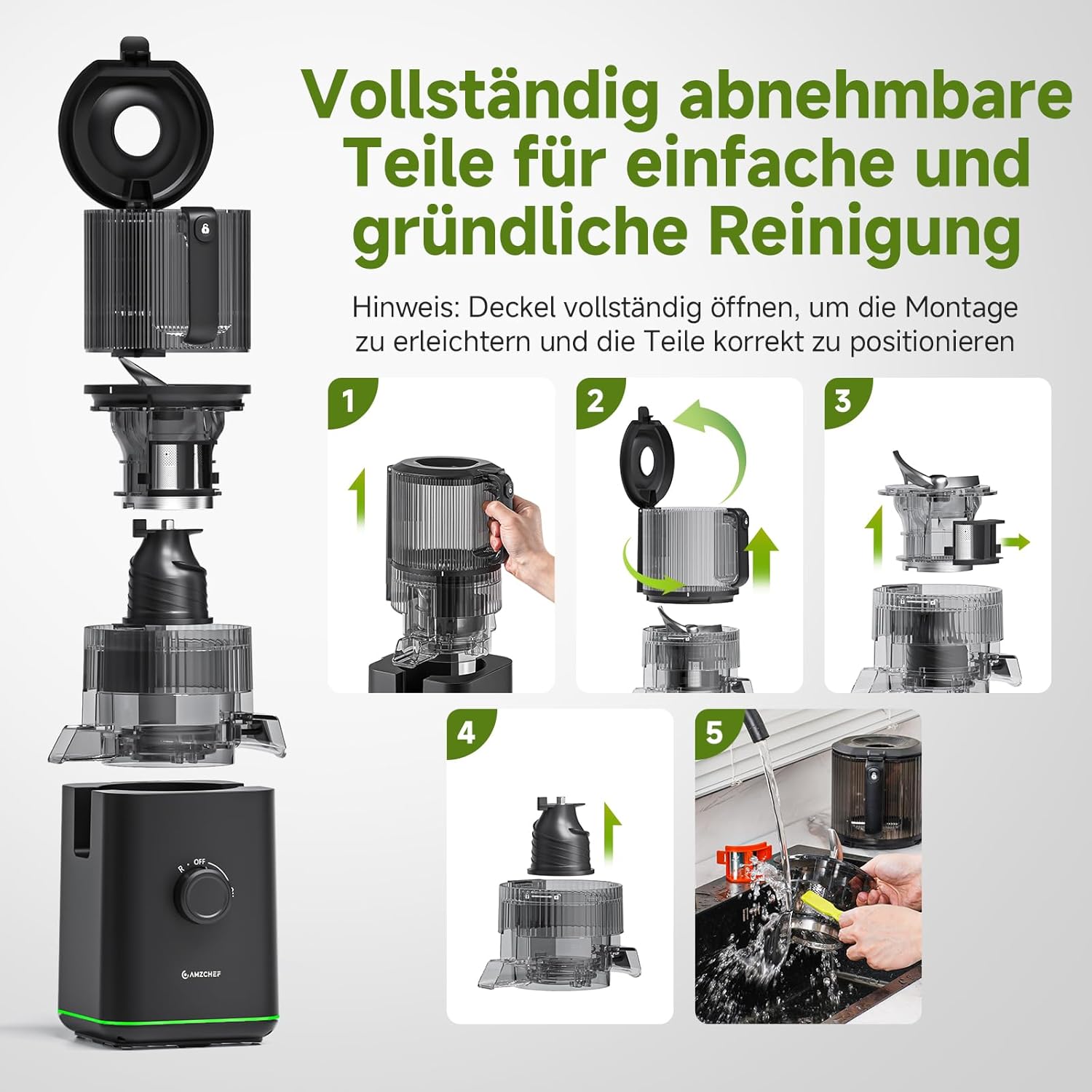 AMZCHEF Slow Juicer Kaltpress-Entsafter für Obst & Gemüse, 160 mm XXL-Einfüllöffnung für ganze Früchte, 2,5 l Behälter, 2 Filter für Saft und Sorbet, leise und leicht zu reinigen, schwarz – Bild 9