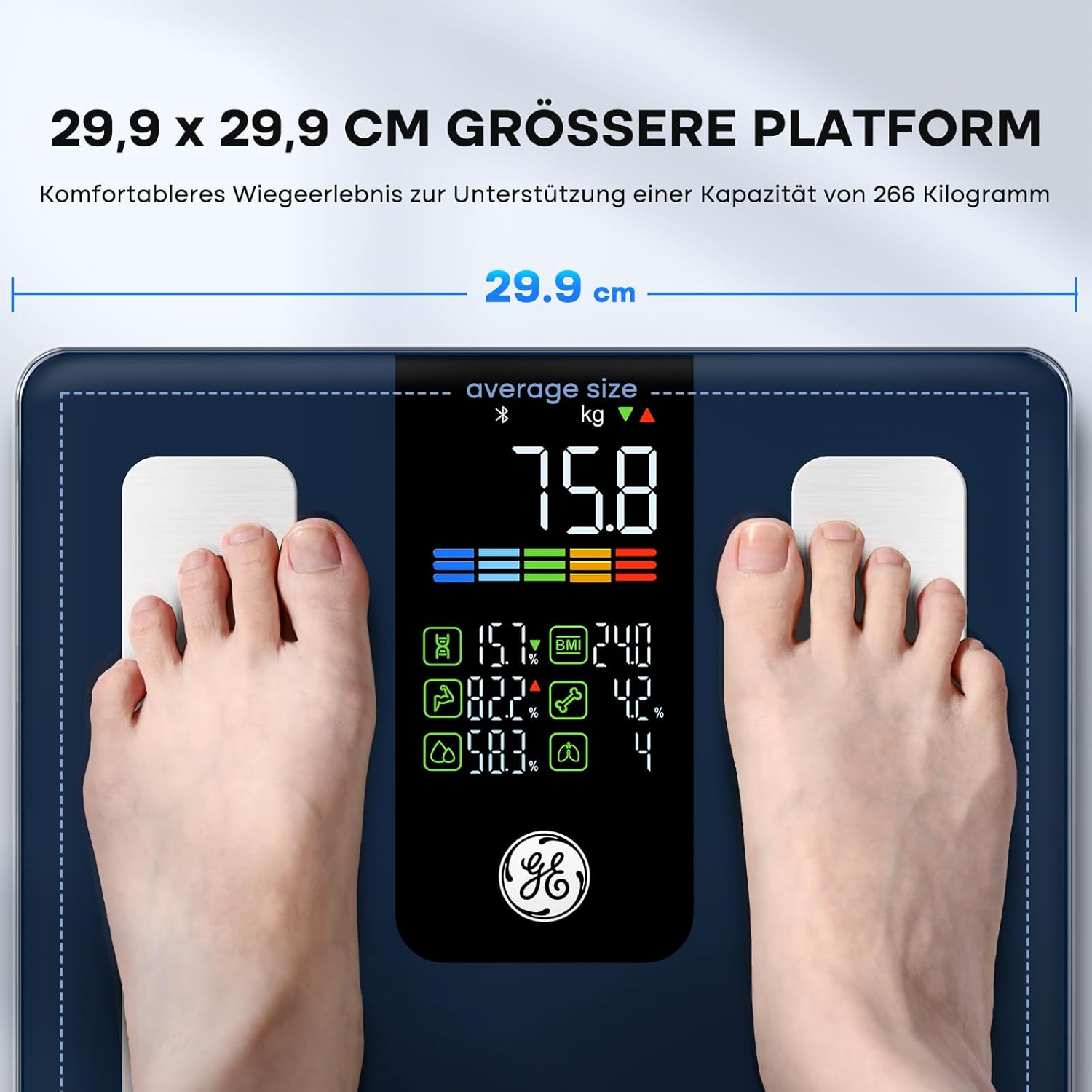 GE Körperfettwaage, digitale Körperanalysewaage, intelligente Waage mit Körperfett und Muskelmasse bis 220 kg, großes LED-Display, Bluetooth-Körperwaage mit App – Bild 3
