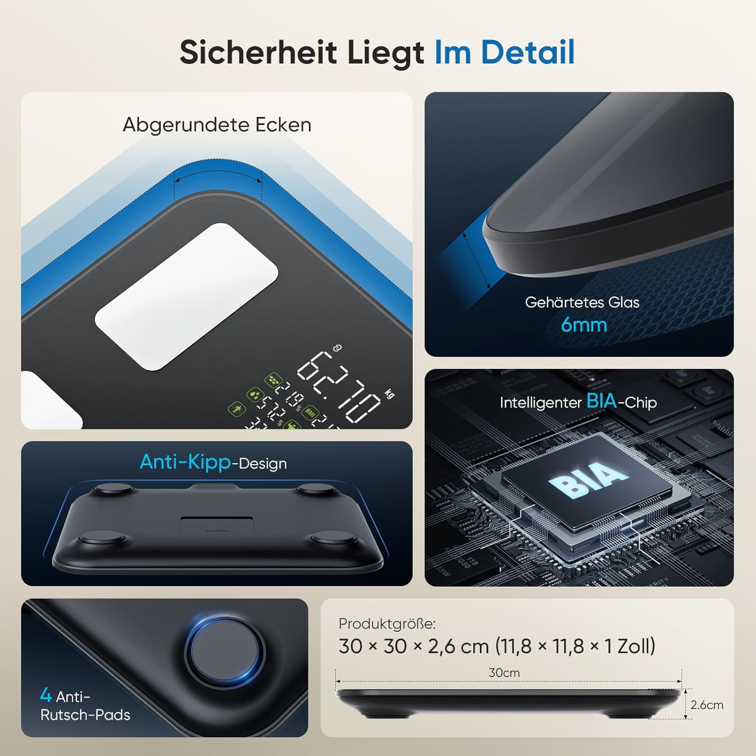 Personenwaage, Körperfettwaage, intelligente Personenwaage, digital, 28 Messwerte, 8 Elektroden, Dual-Frequenz-BIA-Körperwaage, VA-Display, Körperwaage, digital, Bluetooth, kompatibel mit iOS/Android, 180 kg/400 lbs – Bild 9