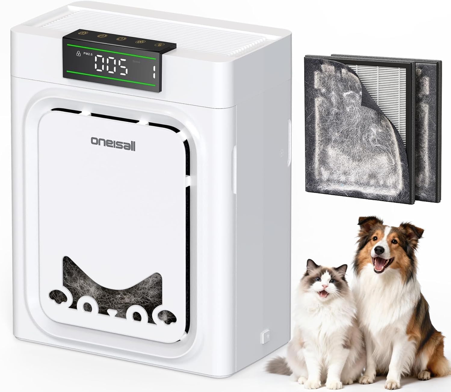 oneisall Luftreiniger mit waschbarem HEPA-Filter, CADR 320 m³/h, 204 m², 20 dB, leiser Luftreiniger für Allergiker, gegen 99,97 % Haustiere, Tierhaare, Hautschuppen, Pollen, PM2,5, Staub, Schimmel, Gerüche
