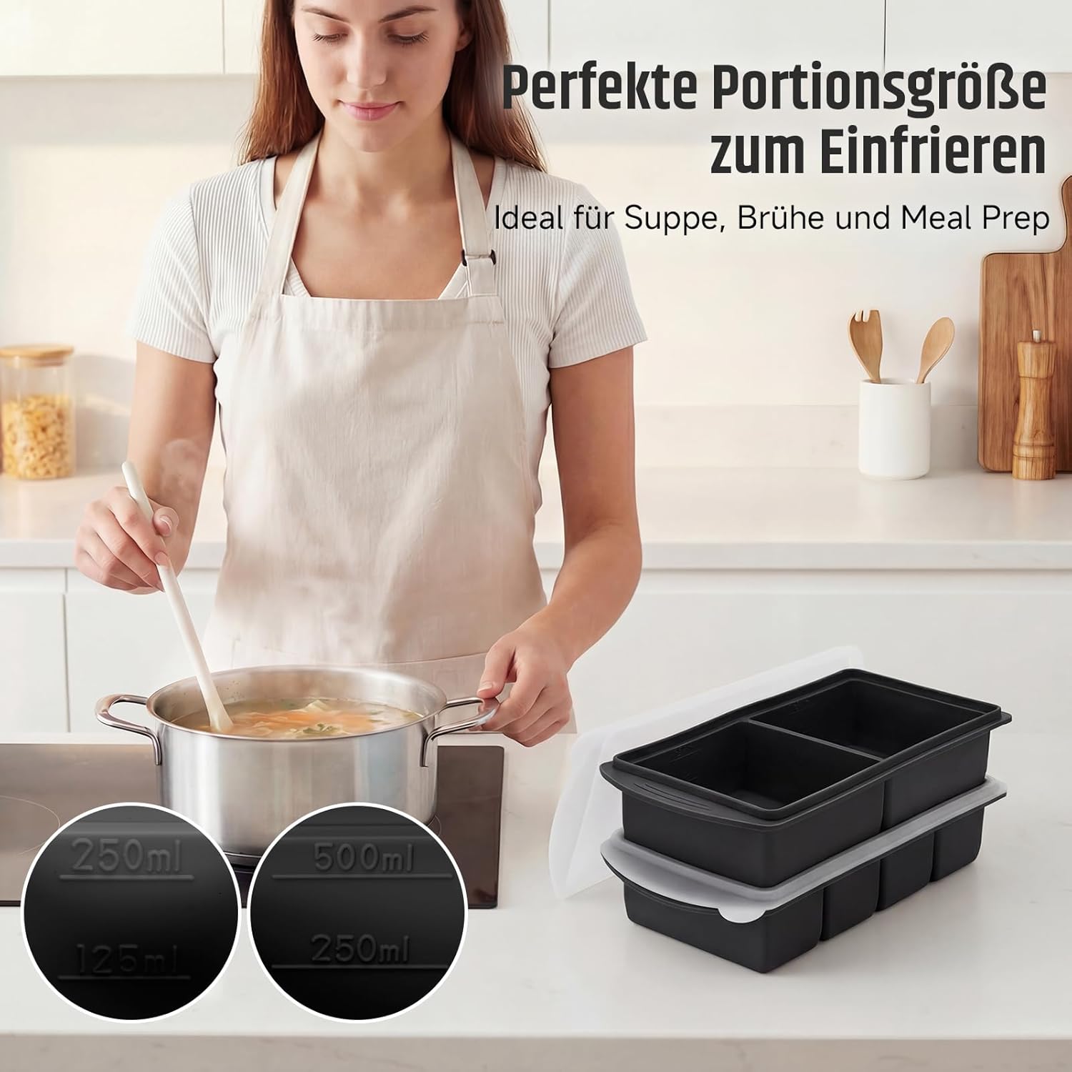 Silikon-Gefrierform mit Deckel-Set (2 + 4 Fächer) – Gefrierbehälter & Schaufel mit Skala 250–500 ml für Suppe, Saucen & Essenszubereitung, auch als Eiswürfelform verwendbar, BPA-frei, stapelbar (schwarz) – Bild 7