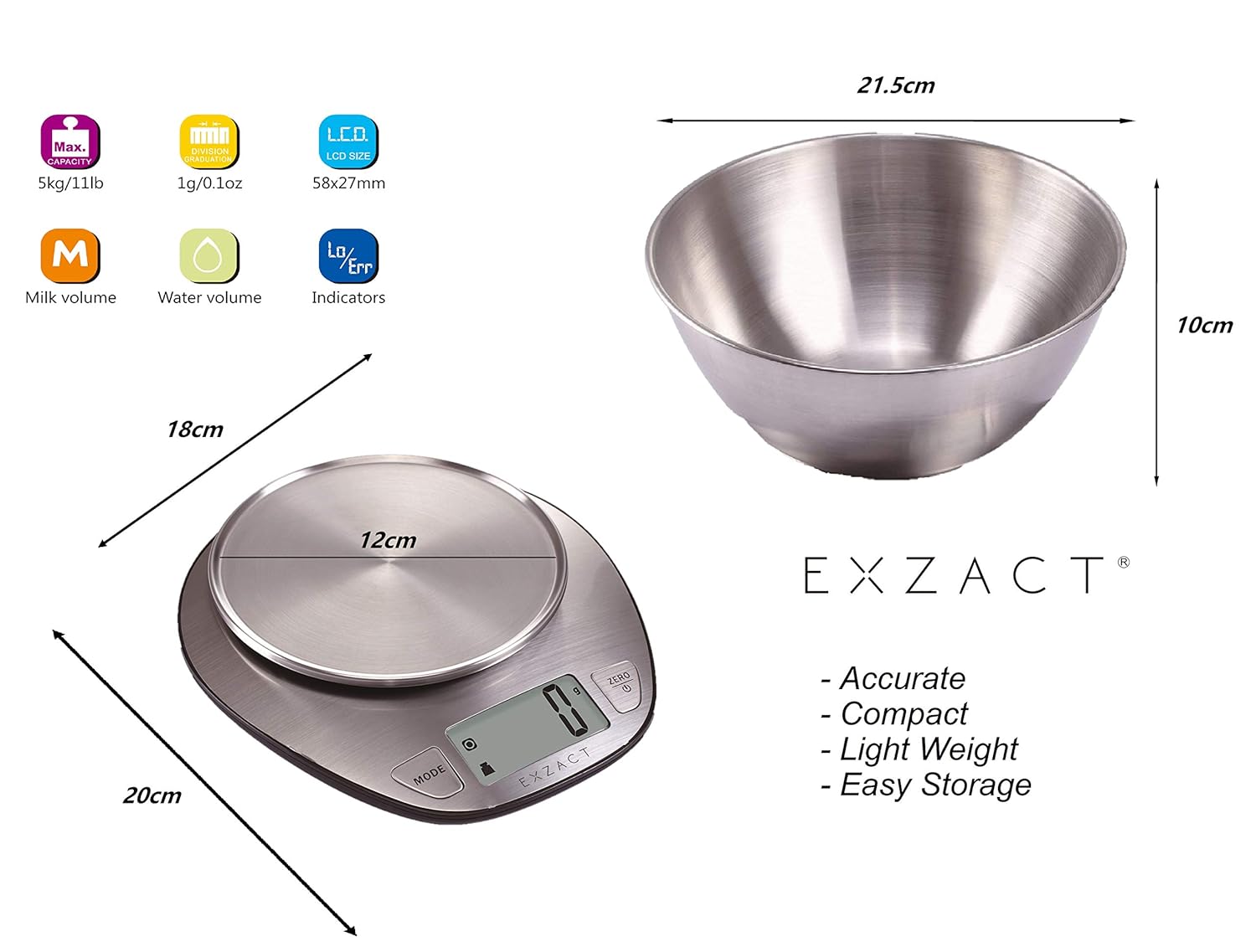 Elektronische Küchenwaage von Exzact – EX4350 – Premium-Wiegewaage für Nass- und Trockenlebensmittel mit großem Display und Edelstahl-Rührschüssel – 5 Kilogramm / 11 Pfund – Bild 7