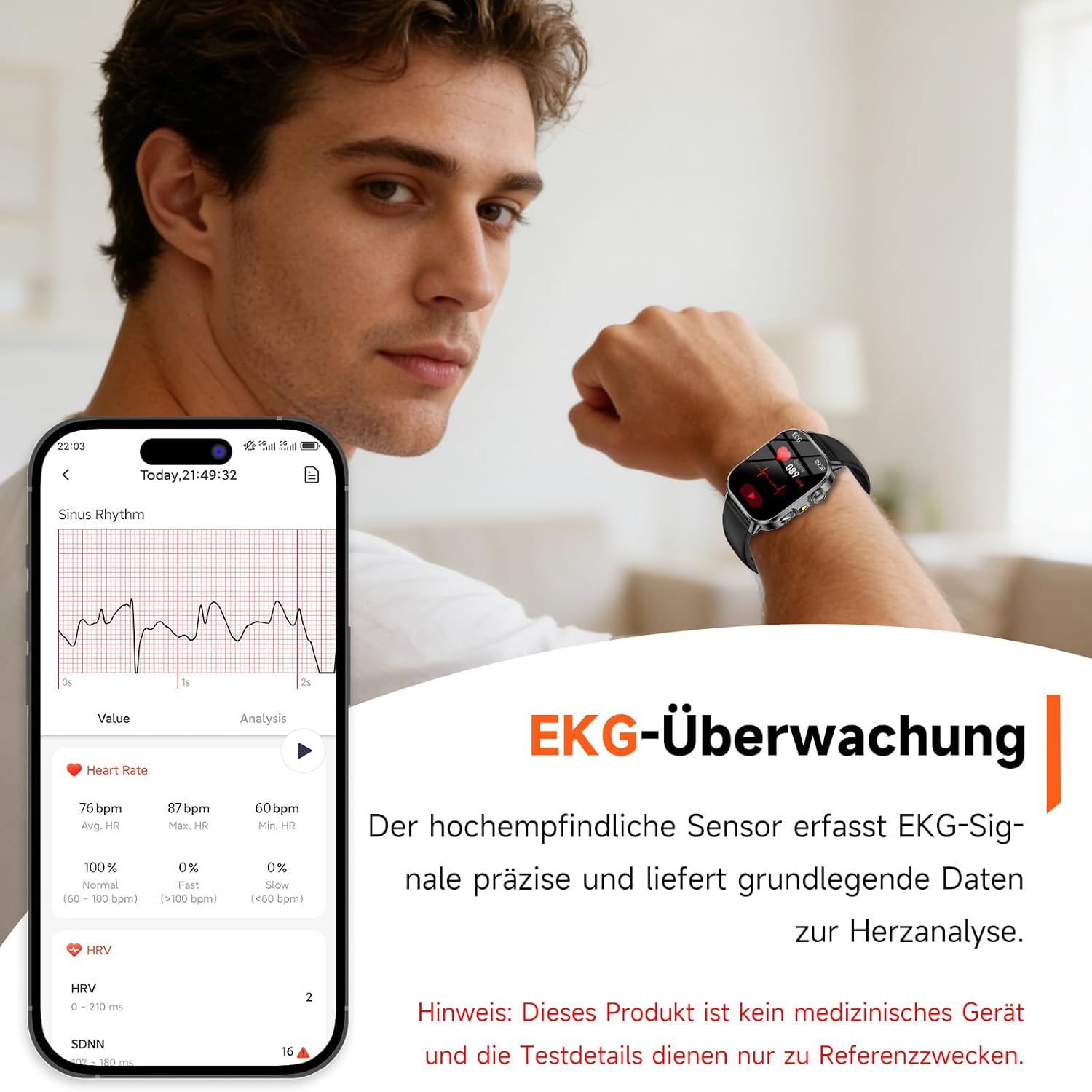 Smartwatch Herren Damen EKG/BI Harnsäure/BMI/HRV/LED-Licht, 2,0 Zoll Gesundheitsuhr mit 24H Druckmessung SpO2 Herzfrequenzmonitor Körpertemperatur Schlafmonitor SOS Notruf Fitnessuhr für – Bild 2