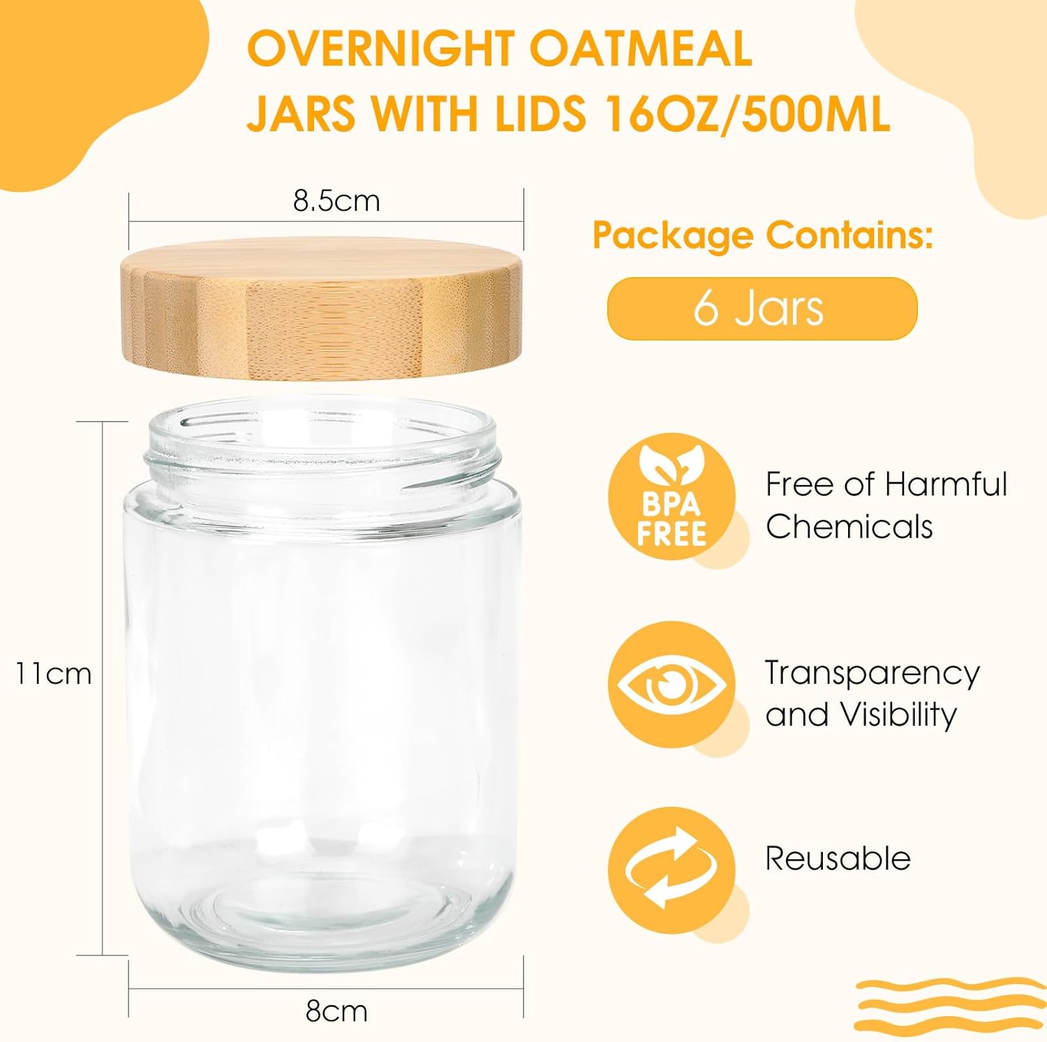 6 Stück Mealprep-Gläser, Overnight-Oats-Gläser mit luftdichten Deckeln, 500-ml-Einmachgläser mit Schraubdeckel, multifunktionales Meal-Prep-Glas-Einmachglas für Marmelade, Salat, Milchshake, Joghurt – Bild 2