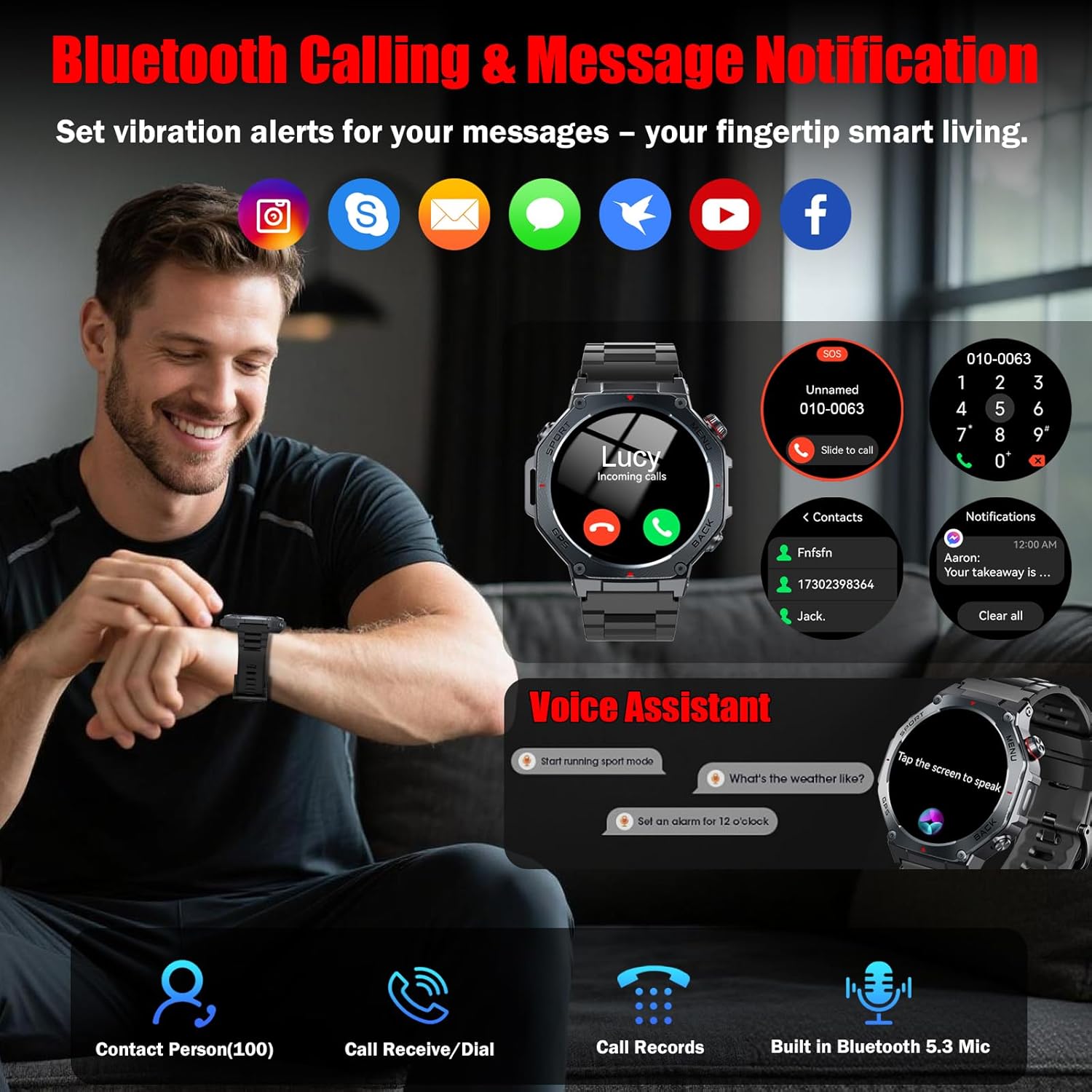 Militär-Smartwatch Herren mit GPS, 1,43 Zoll AMOLED-Display, Fitnessuhr mit Bluetooth-Anruf, 5ATM wasserdichte Sportuhr mit Herzfrequenz-/Schlafmonitor/Schrittzähler, 160+ Sportmodi, Uhr für – Bild 4
