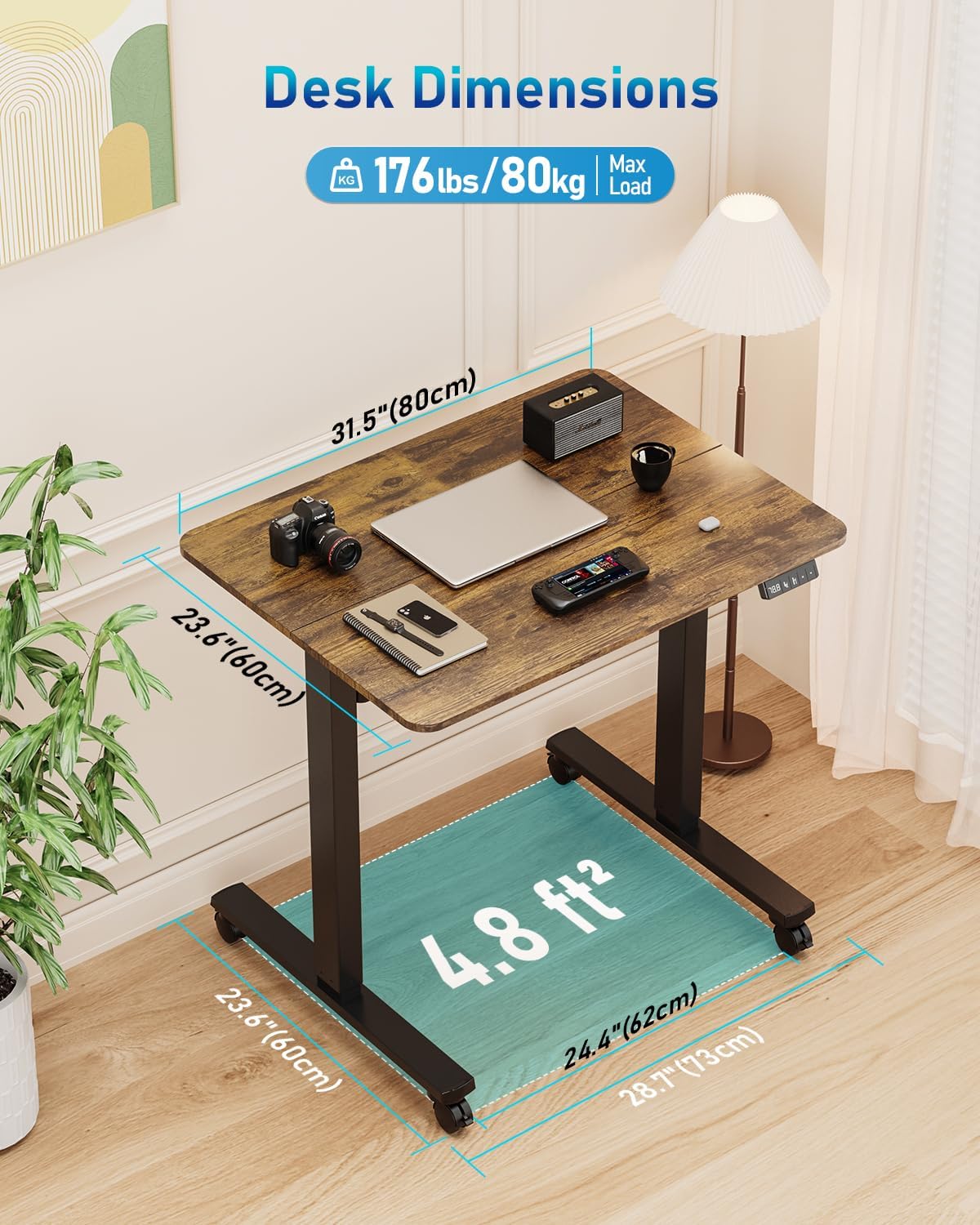 Höhenverstellbarer Schreibtisch 80 x 60 cm, hochwertige Tischplatte, elektrischer Schreibtisch, höhenverstellbar, Computertisch mit Memory-Funktion, braun – Bild 2