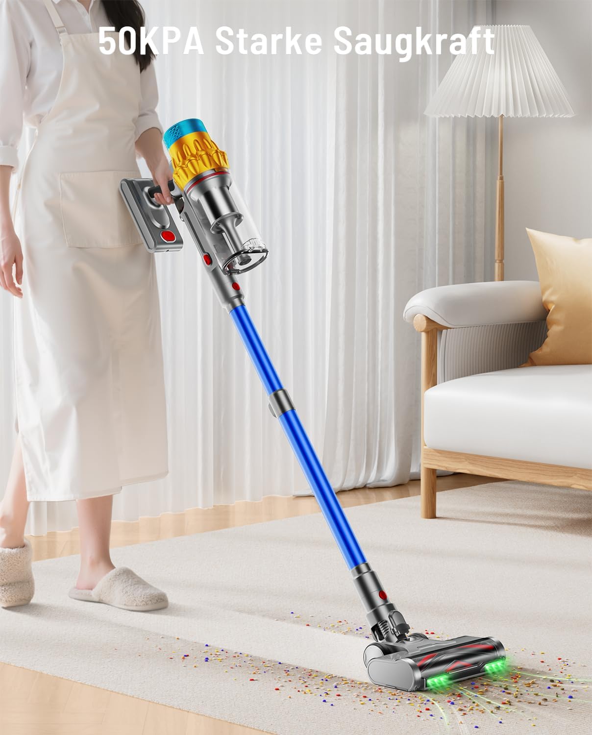 Akku-Staubsauger, 50 KPA/600 W/70 Min. Akku-Staubsauger mit Selbstaufstellung, 1,8 l großer Staubbecher, Anti-Tangle-Bürste, 8-stufiges Filtersystem, grünes Licht für Hartböden, Teppiche, Tierhaare – Bild 2