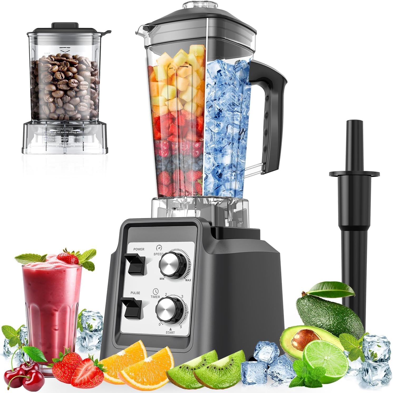 Teendow Standmixer, 1800 W Smoothie Maker, Tischmixer mit 2,0 Liter Behälter + 600 ml Kaffeemühle, geeignet zum Zerkleinern von Eis und gefrorenen Früchten, BPA-frei (Silber)