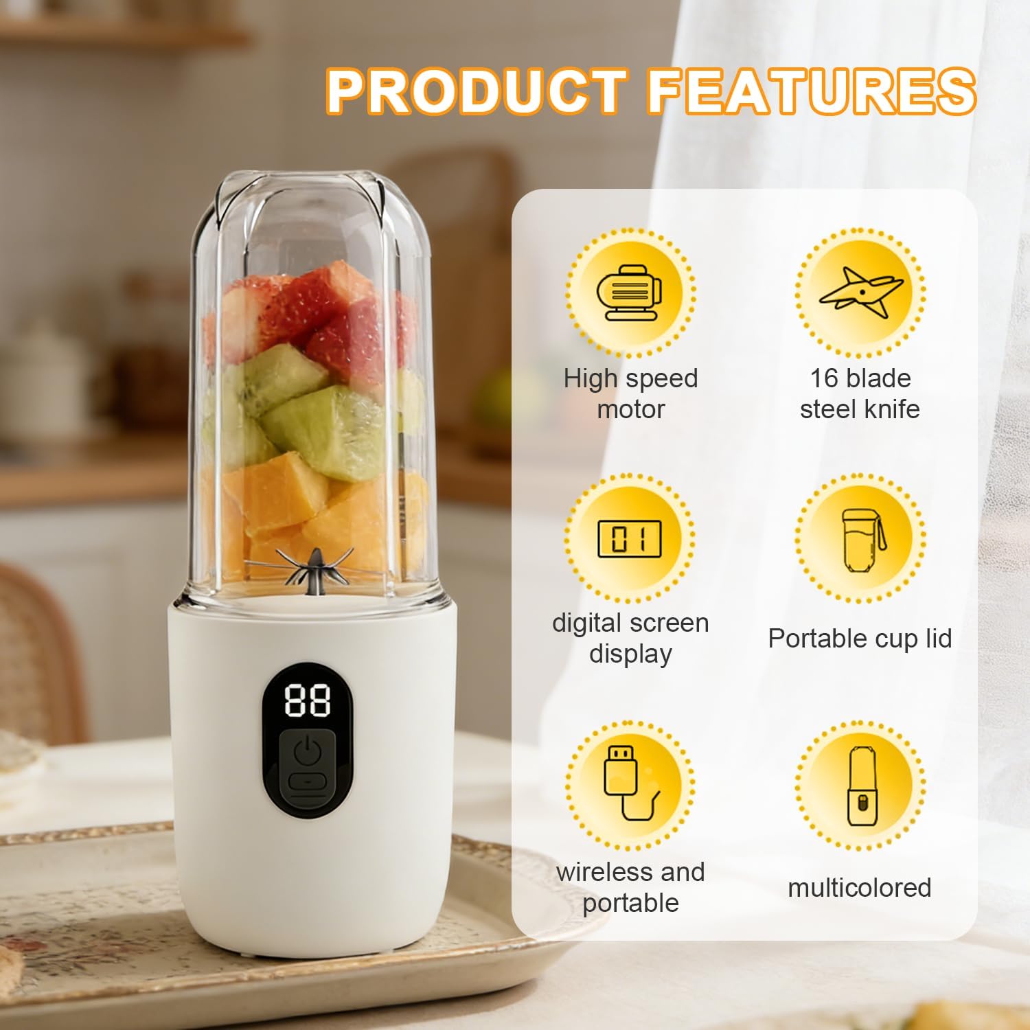 Tragbarer Mixer Smoothie Maker to Go, 500 ml tragbarer elektrischer Entsafter mit Digitalanzeige, 16 Blatt SUS-Schneidkopf & USB, Mini-Standmixer für Fitnessstudio, Büro, Camping (weiß) – Bild 5