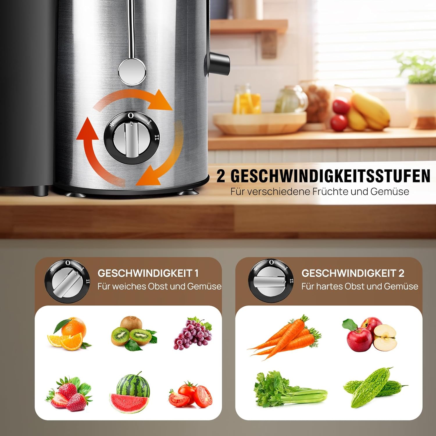 Entsafter für Obst und Gemüse aus Edelstahl, elektrischer Entsafter, Extraktor, maximale Leistung 1000 W, Zentrifuge, 65 mm Einfüllöffnung und 2 Geschwindigkeiten, Anti-Tropf-Funktion und Überhitzungsschutz – Bild 4