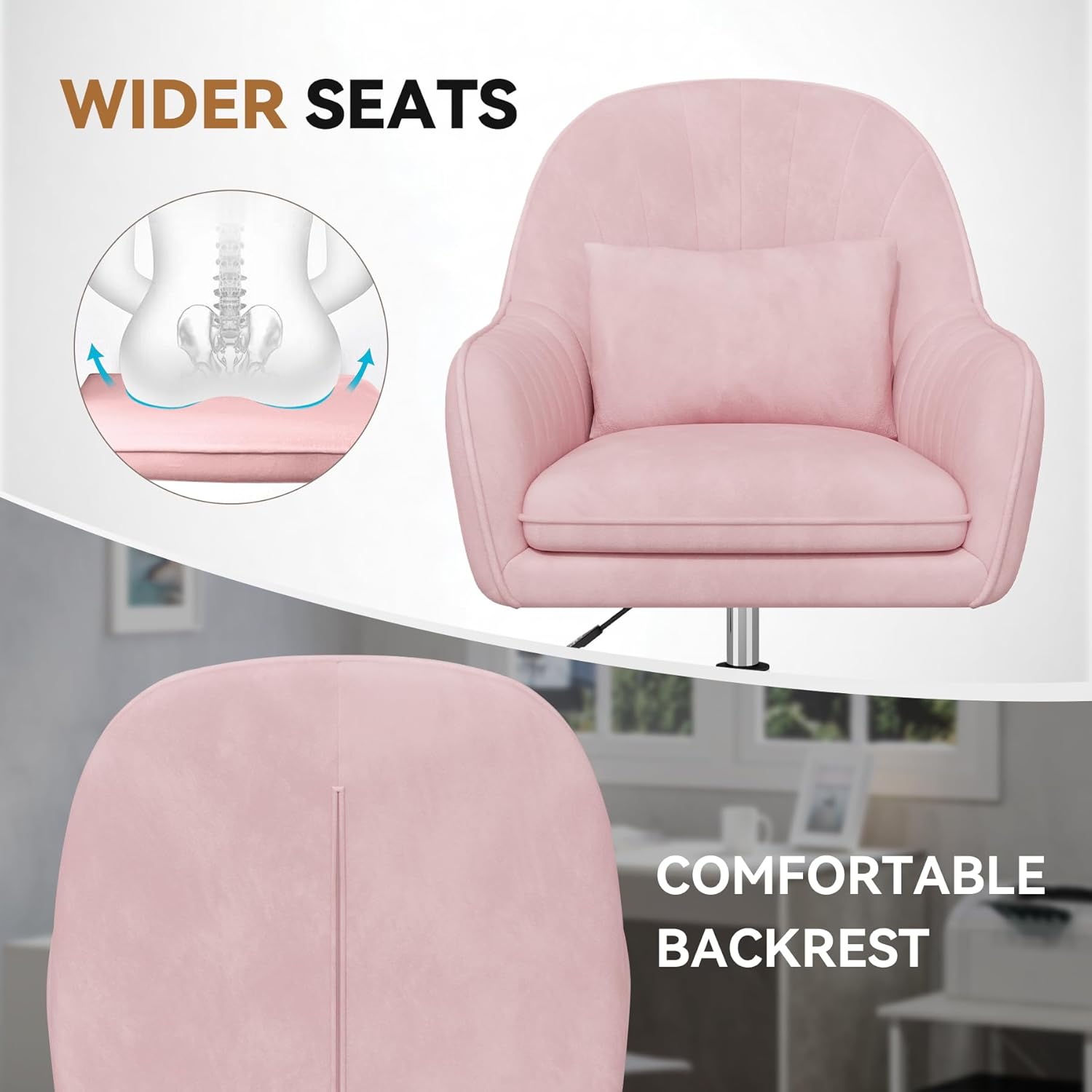 Home-Office-Stuhl, Samtstuhl mit Kissen, 360° drehbar, höhenverstellbarer Bürostuhl, ergonomisch, Schminkstuhl, Drehstuhl, für Arbeitszimmer, Schlafzimmer, maximale Belastung 120 kg, Rosa – Bild 4