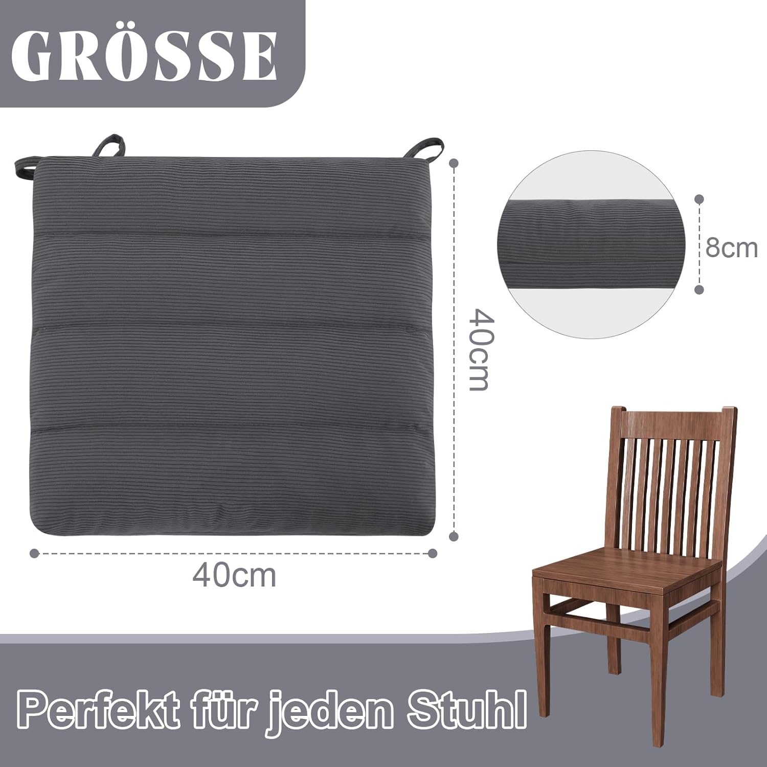 Dickes Sitzkissen-Set mit 2 Kordeln – Stuhlkissen mit rutschfester Unterseite und Bändern, Stuhlkissen für Esszimmerstuhl, Küchenstuhl und Büro, doppellagige Polsterung für Komfort – Bild 2