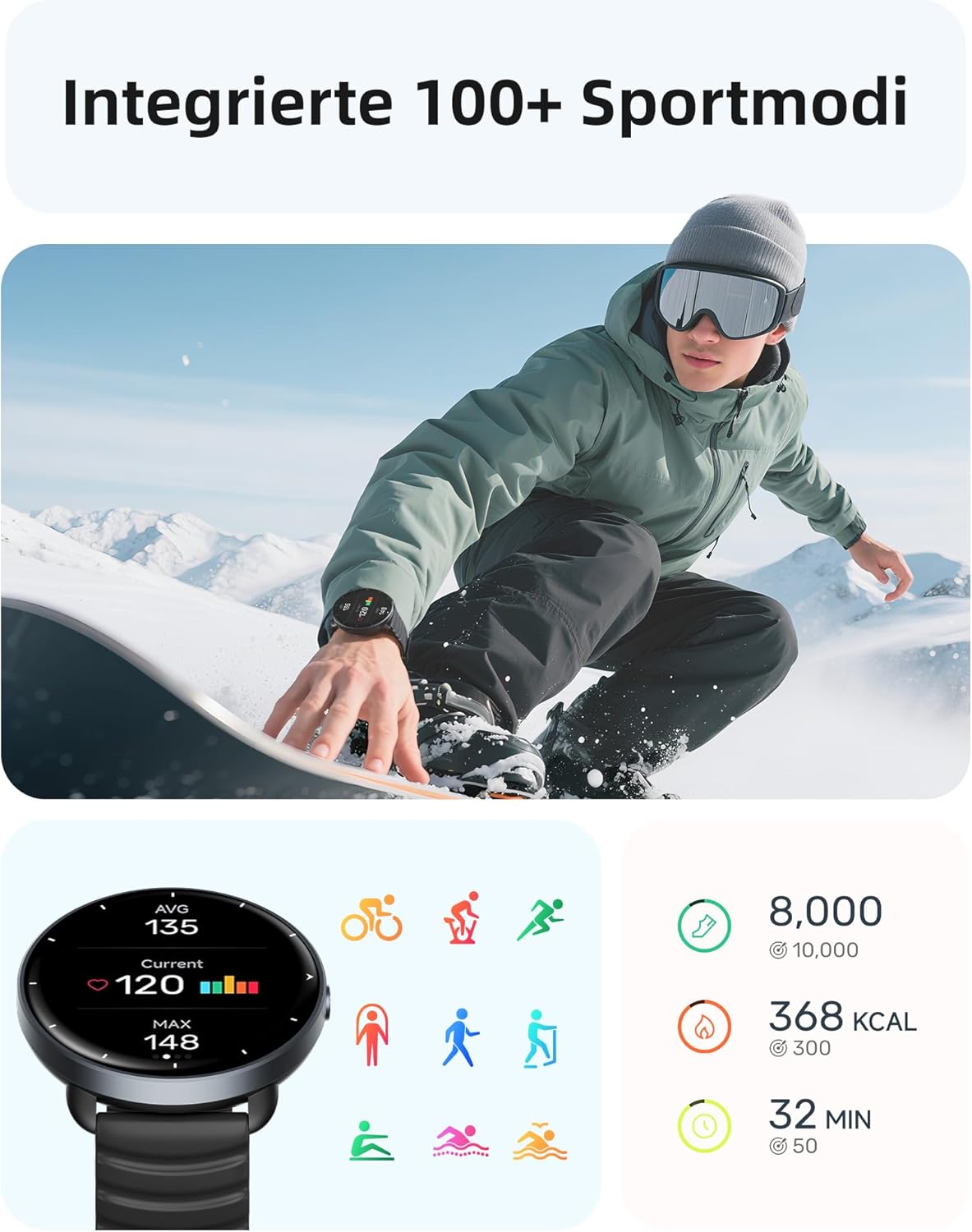 Parsonver Smartwatch Herren Damen, integriertes GPS, 5 ATM wasserdichte Schwimmuhr für Pool/offene Gewässer, Fitnessuhr mit AMOLED-Display, 100+ Sportmodi, Herzfrequenz, Schlafen (Schwarz, 42 mm) – Bild 5