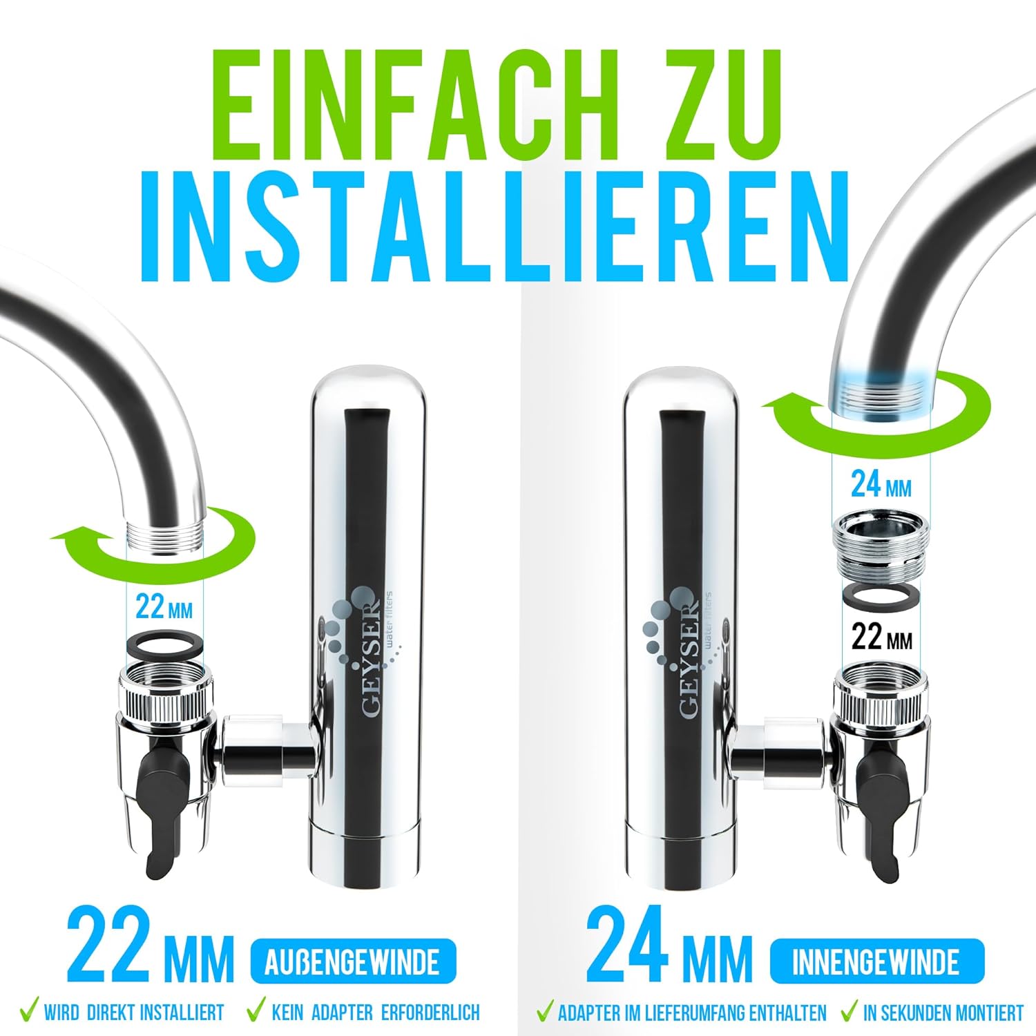 Geyser Euro-Wasserfilter für Wasserhahn, Küchenarmatur, Wasserfilter für Leitungswasser mit Kartuschen aus einzigartigem Material. Hocheffizientes Aragon-Wasserfiltersystem – Bild 2