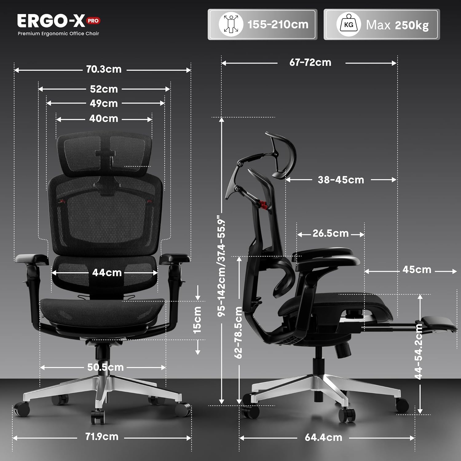 FLEXISPOT ErgoX Pro Ergonomischer Bürostuhl mit ausziehbarer Fußstütze, 12-stufige Höhenverstellung, 7D-Armlehnen, 5D-Lendenwirbelstütze, 4D-Kopfstütze, 250 kg Tragkraft, Netzsitz, Schwarz – Bild 2