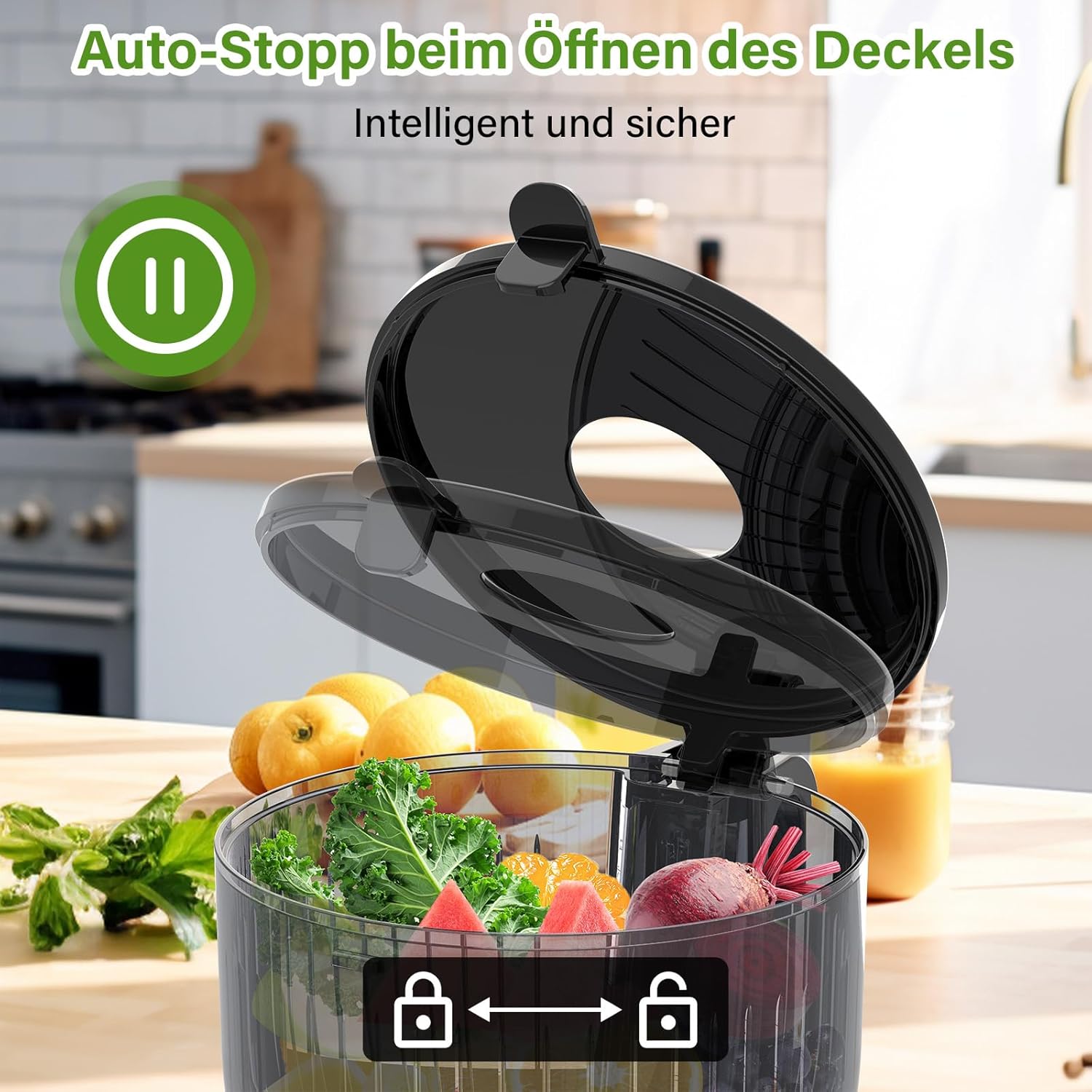 OMMO Slow Juicer, 300 W Entsafter, Gemüse- und Obst-Testsieger mit 148 mm Breite und größerem Einfüllrohr, leicht zu reinigender elektrischer Entsafter mit 2 PC-Bechern, BPA-frei, schwarz – Bild 4