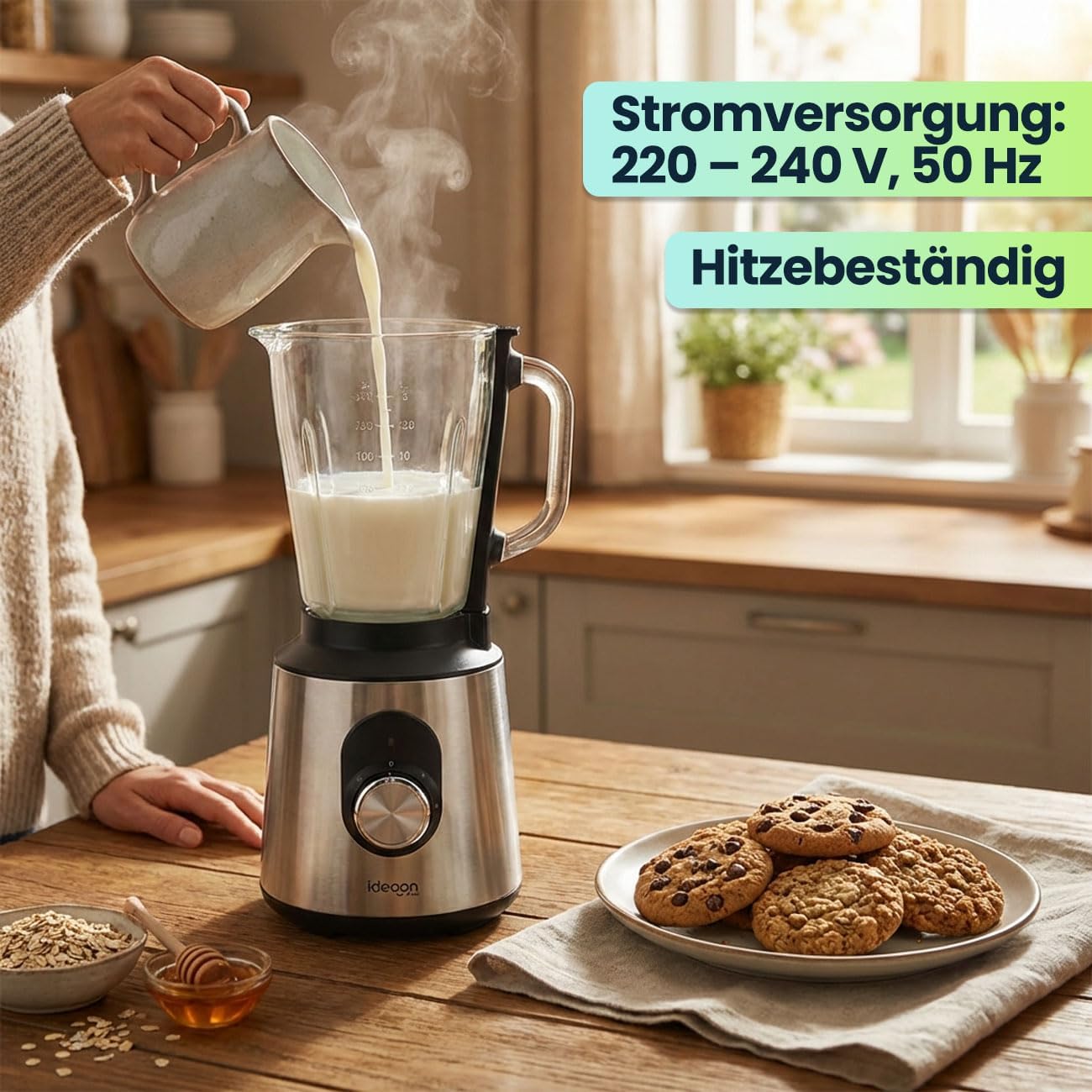 ideoon Edelstahl-Power-Standmixer mit 1,5-l-Glasbehälter, Küchenmixer, 1000 W für Shakes, Smoothies, Saucen oder Zerkleinern von Obst und Gemüse – Bild 9